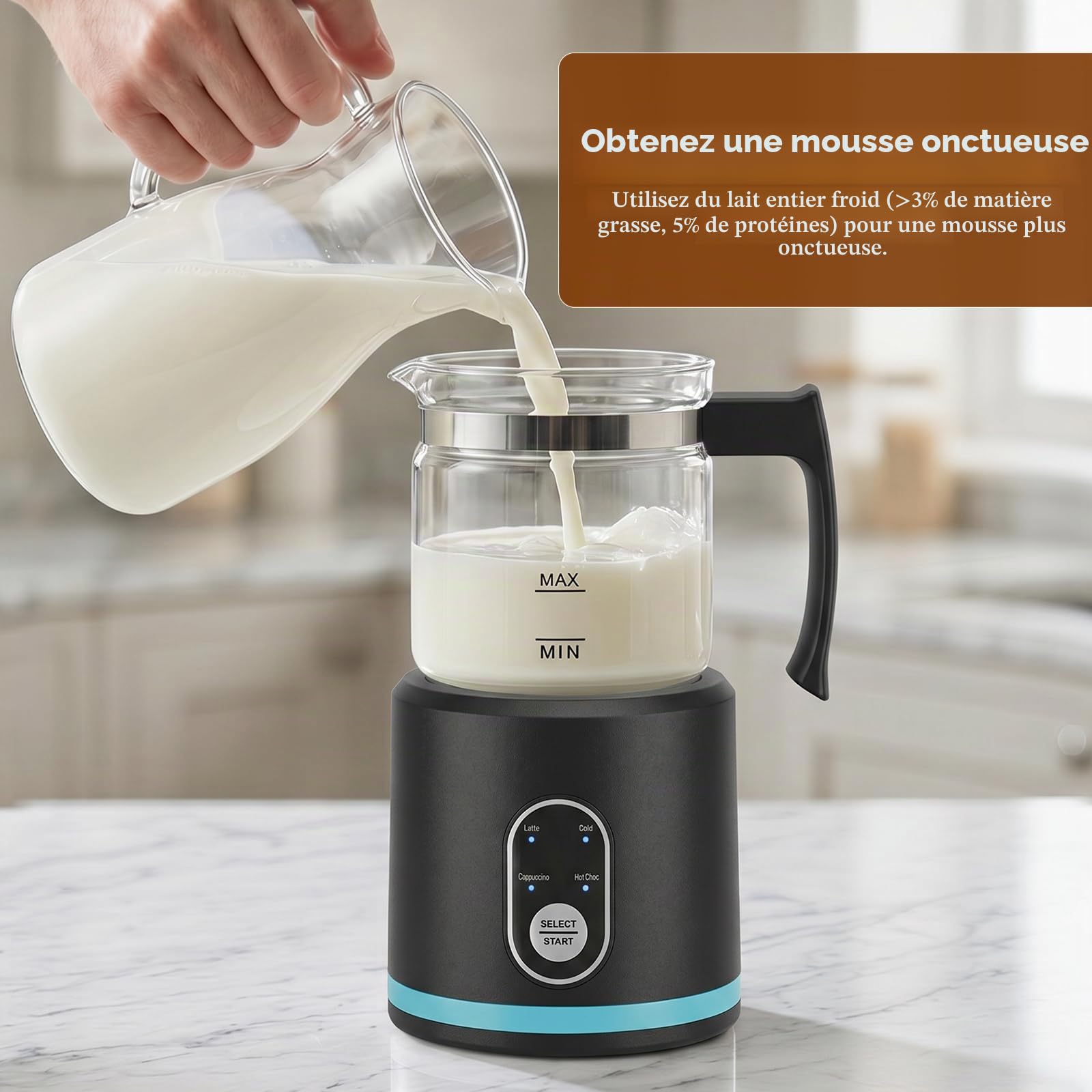 Mousseur à Lait Électrique 4 en 1 Chauffe Lait Chaud et Froid Emulsionneur de Lait Divisé en Verre Silencieux Mousseur de Lait Automatique pour Latte Cappuccino, Chocolat Chaud, Lait Chaud