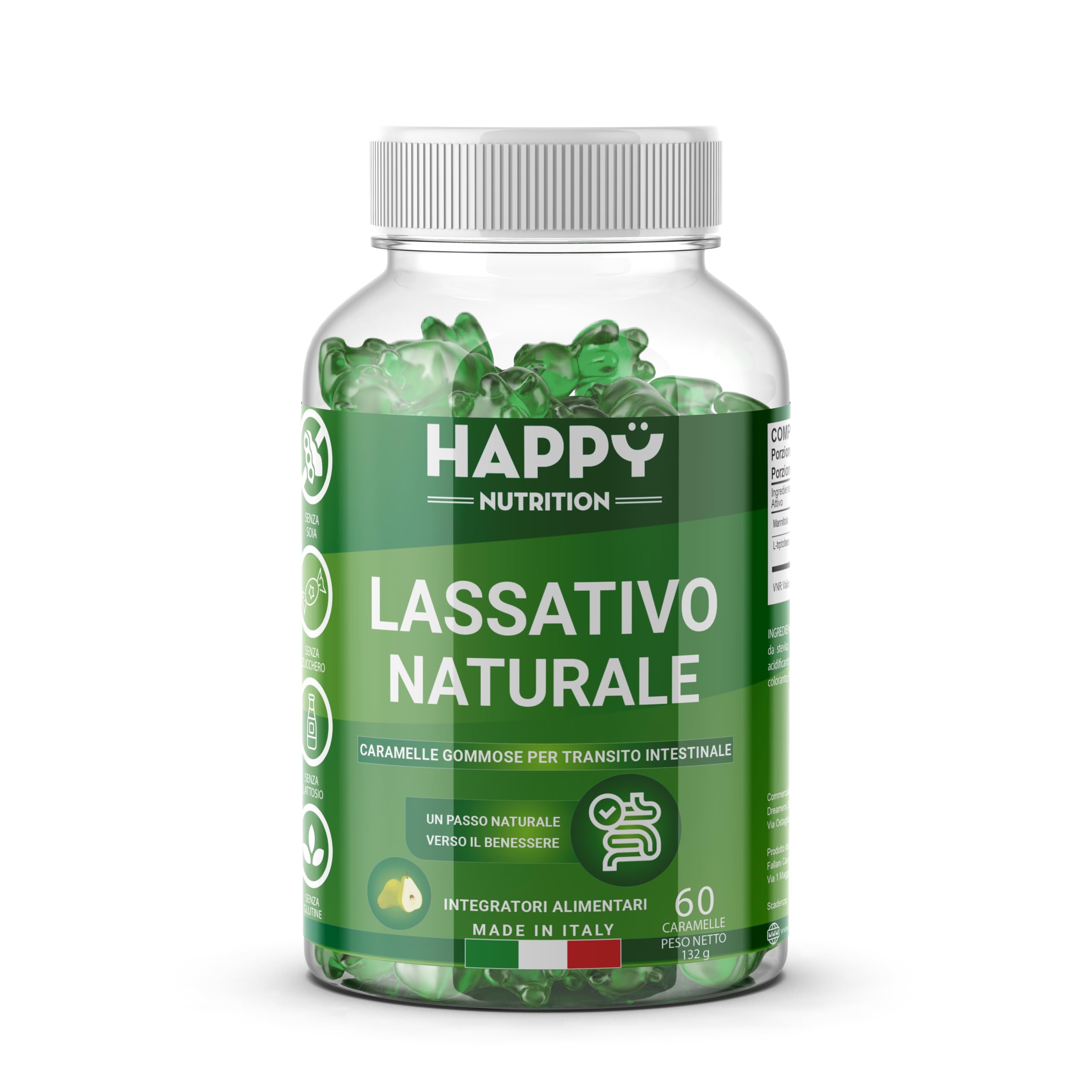 Happy Nutrition Caramelle Gommose Lassative - 60 Gummies al Gusto Pera - Lassativo Naturale Forte per Stitichezza - Integratori per Transito Intestinale - Lassativi Naturali per Andare di Corpo