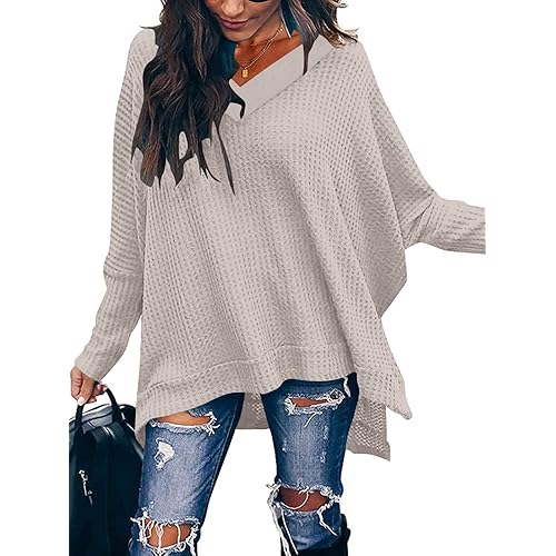 ANRABESS Women Crew Neck Batwing Sleeve High Low Hem Side Slit Waffle Knit Casual Loose Oversized Pullover Sweater Tunic Top
