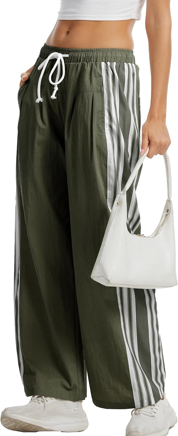 Side Striped Pant Cotton Pants for Women Casual Y2K Palazzo Wide Leg Track Pants Drawstring - Image 6