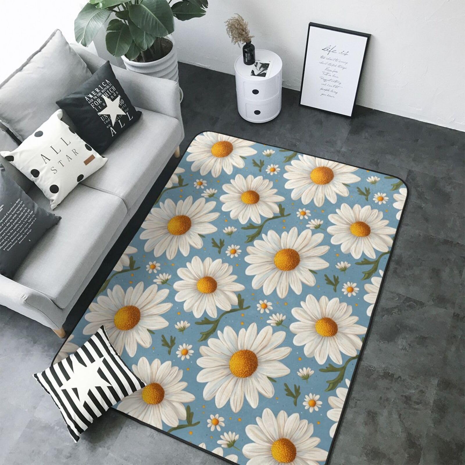 Grand tapis de salon 203 cm imprimé marguerite tapis lavable et antidérapant