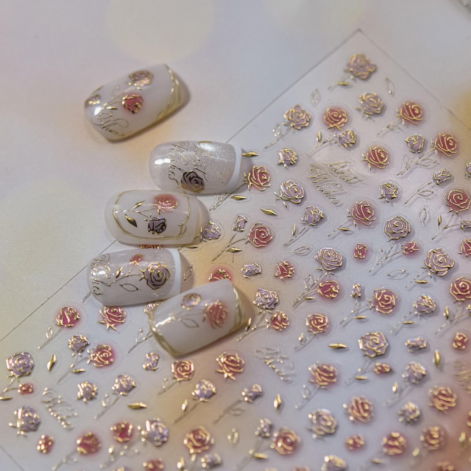 Flower Nail Stickers Rose Nail Art Decals with Gold Design 5D Embossed Self Adhesive Nails Art Stickers Small Floral Nails Decals Charms Supply for Women Girls Manicure DIY Decoration