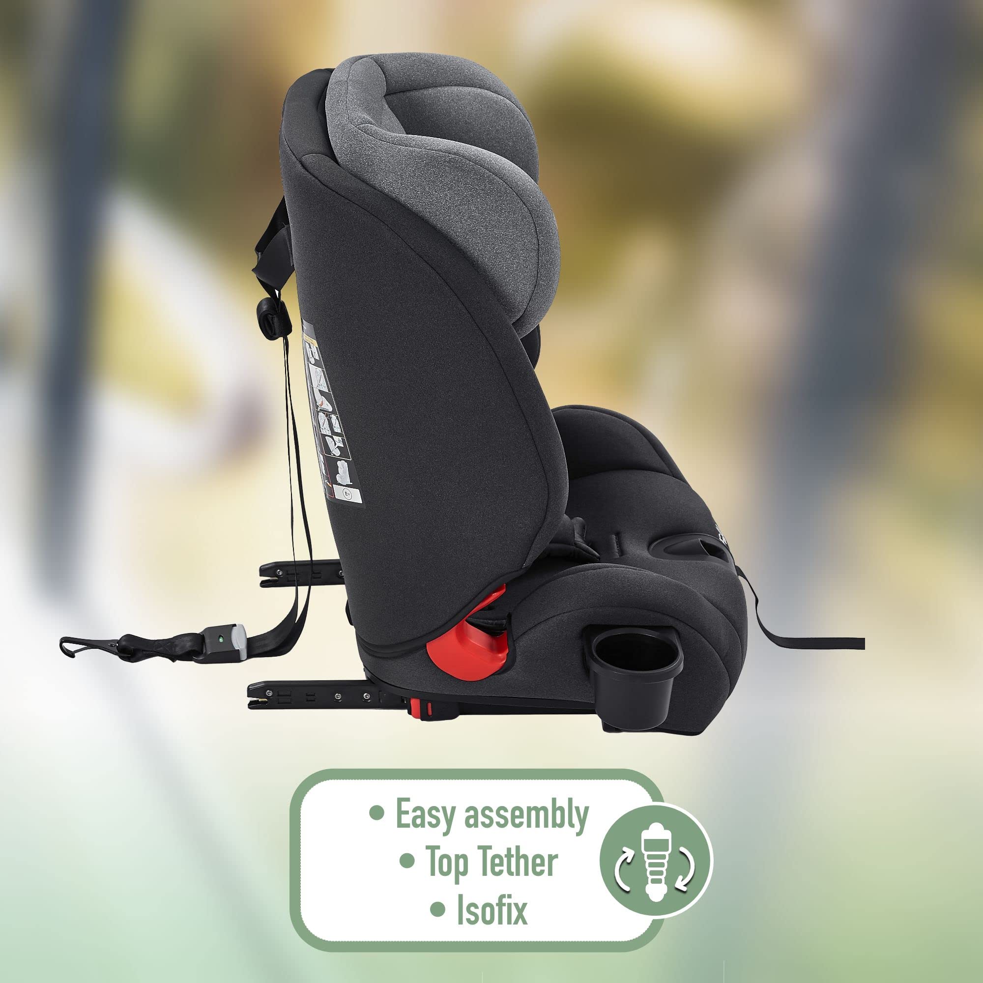 FableKids z Isofix Fotelik samochodowy dla dziecka | Fotelik samochodowy | Fotelik dziecięcy | Grupa 1/2/3 9-36 kg | Zagłówek regulowany w 8 pozycjach i uchwyt na kubek |Szary Czarny
