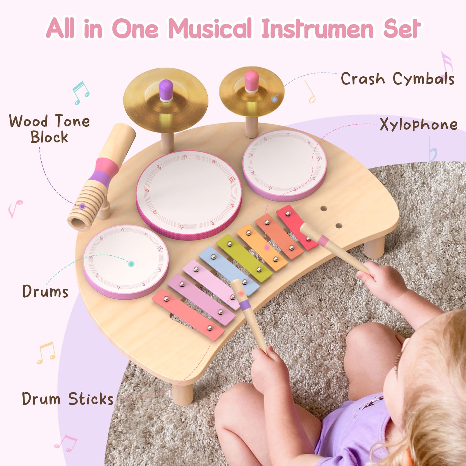Montessori, set di tamburi in legno, strumenti musicali per bambini, set di batterie in legno con xilofono, giocattolo musicale per bambini in età prescolare, regalo di compleanno educativo per