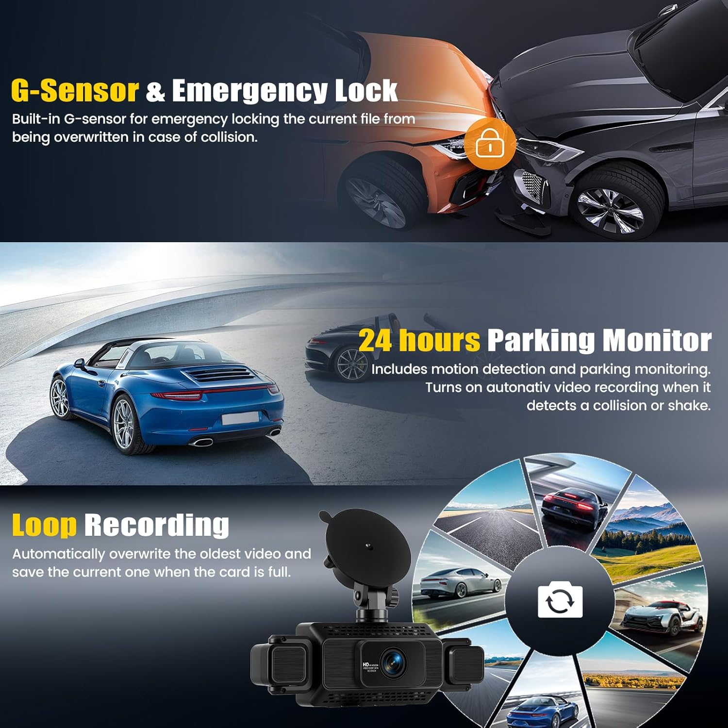 360° 4 Channel 1080P Dash Cam Front and Rear Inside,3” Dash Camera for Cars Car Camera with WiFi,APP Control,IR Night Vision,Loop Recording,G-Sensor,Parking Assistance,24H Parking Monitor+64G SD