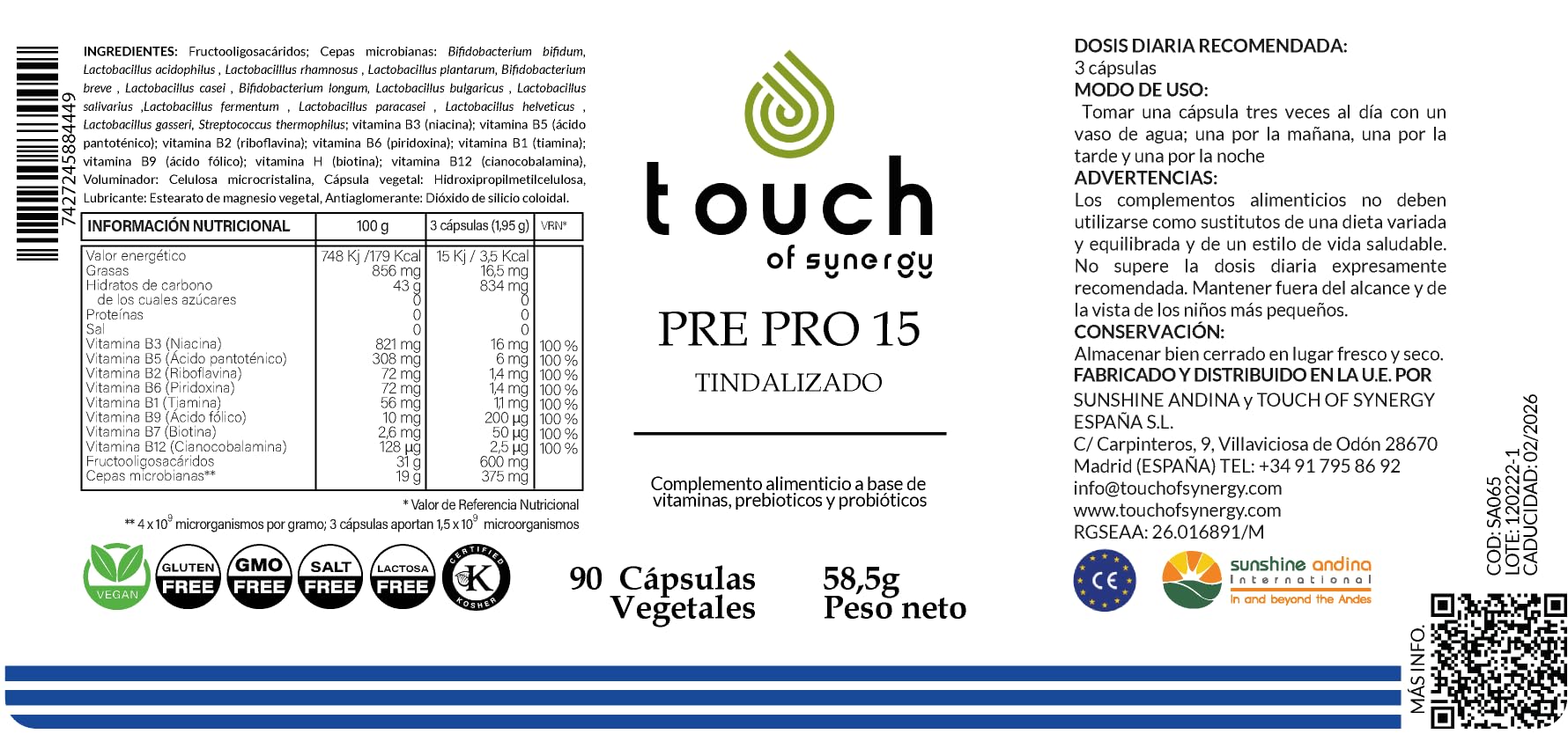 Pre+Pro 15 - Fórmula Simbiótica - 90 Cápsulas - Probióticos, Prebióticos y Enzimas Digestivas - Equilibra la Flora Intestinal, Mejora la Digestión y el Sistema Inmunitario