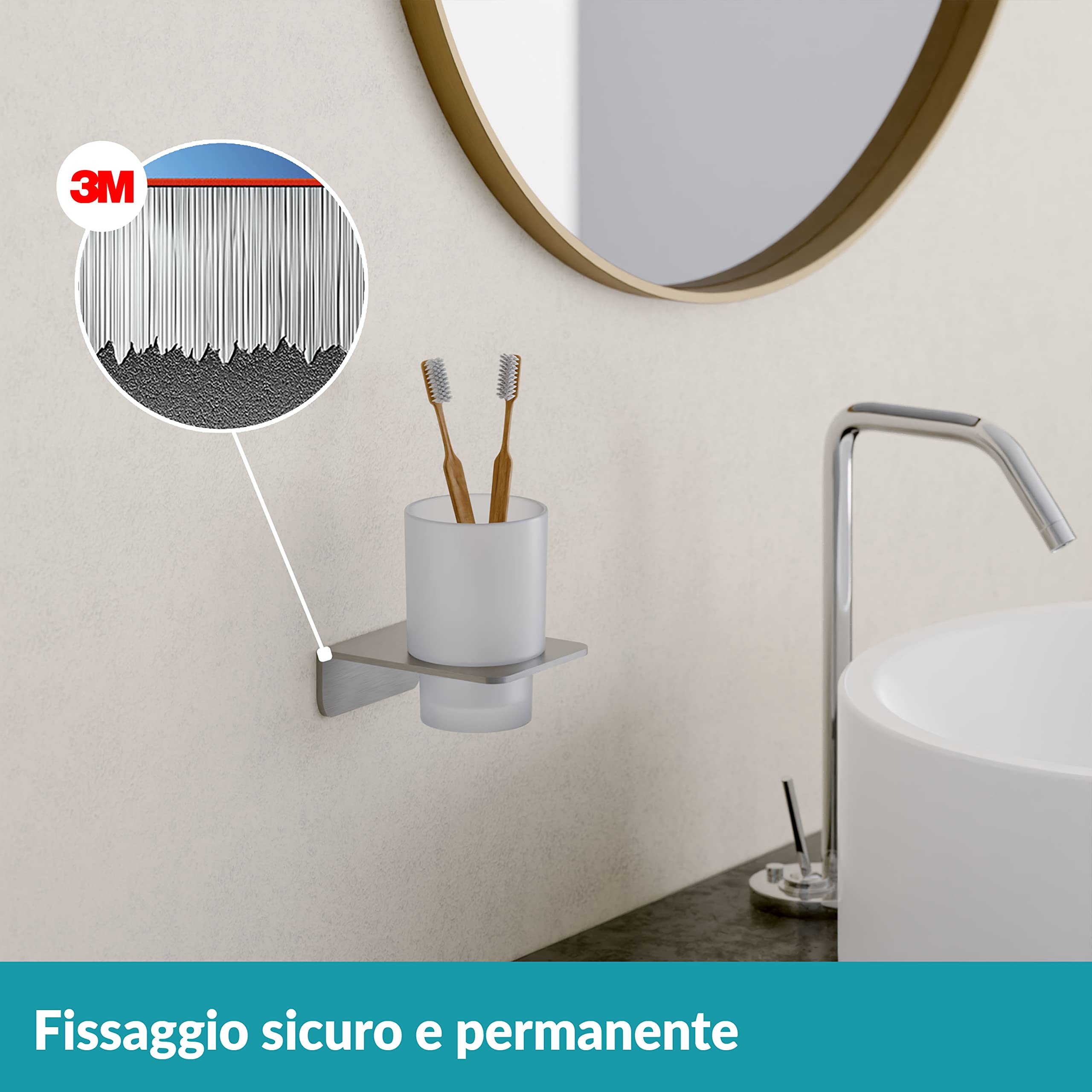 WEISSENSTEIN Portaspazzolini da bagno adesivo 3M - Acciaio inox - Bicchiere portaspazzolini in vetro smerigliato