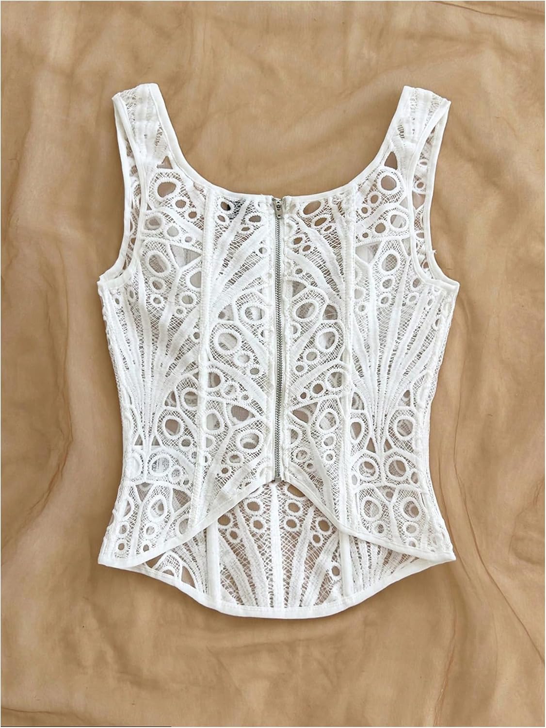 SHENHE Women's Sheer Lace Corset Bustier Top Hollow Out Zip Back Going Out Bustier Tank