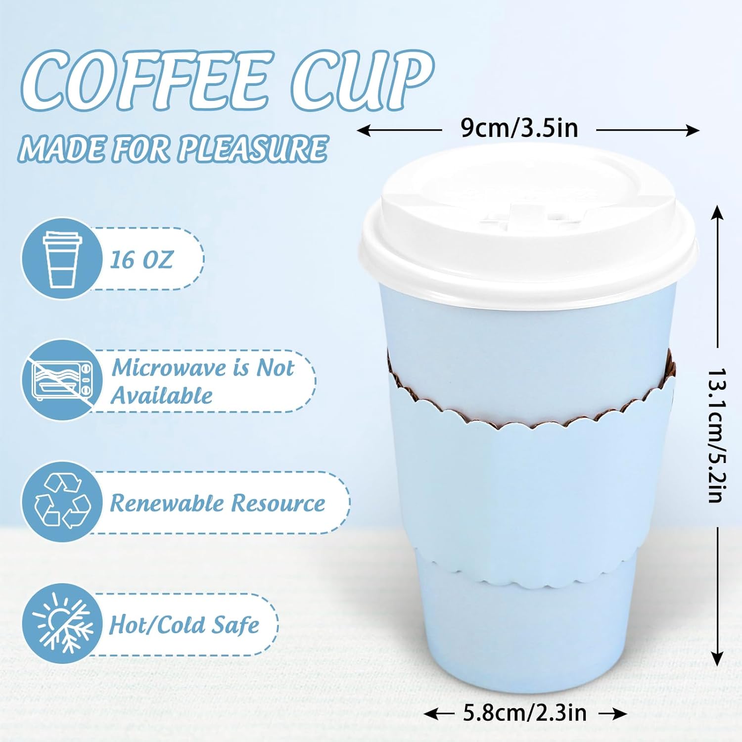 Whaline 100 Pcs Light Blue Disposable Coffee Cups with Lids and Sleeves 16 Oz Insulated To Go Paper Cups for Winter Home Restaurant Travel Wedding Birthday Baby Shower Party Supplies - Image 2
