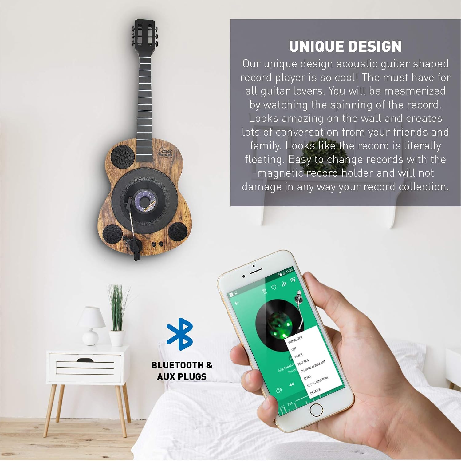 EasyGoProducts Guitars Shaped Vertical Bluetooth Turntable – 3 Speed Record Player – Auto Stop Feature