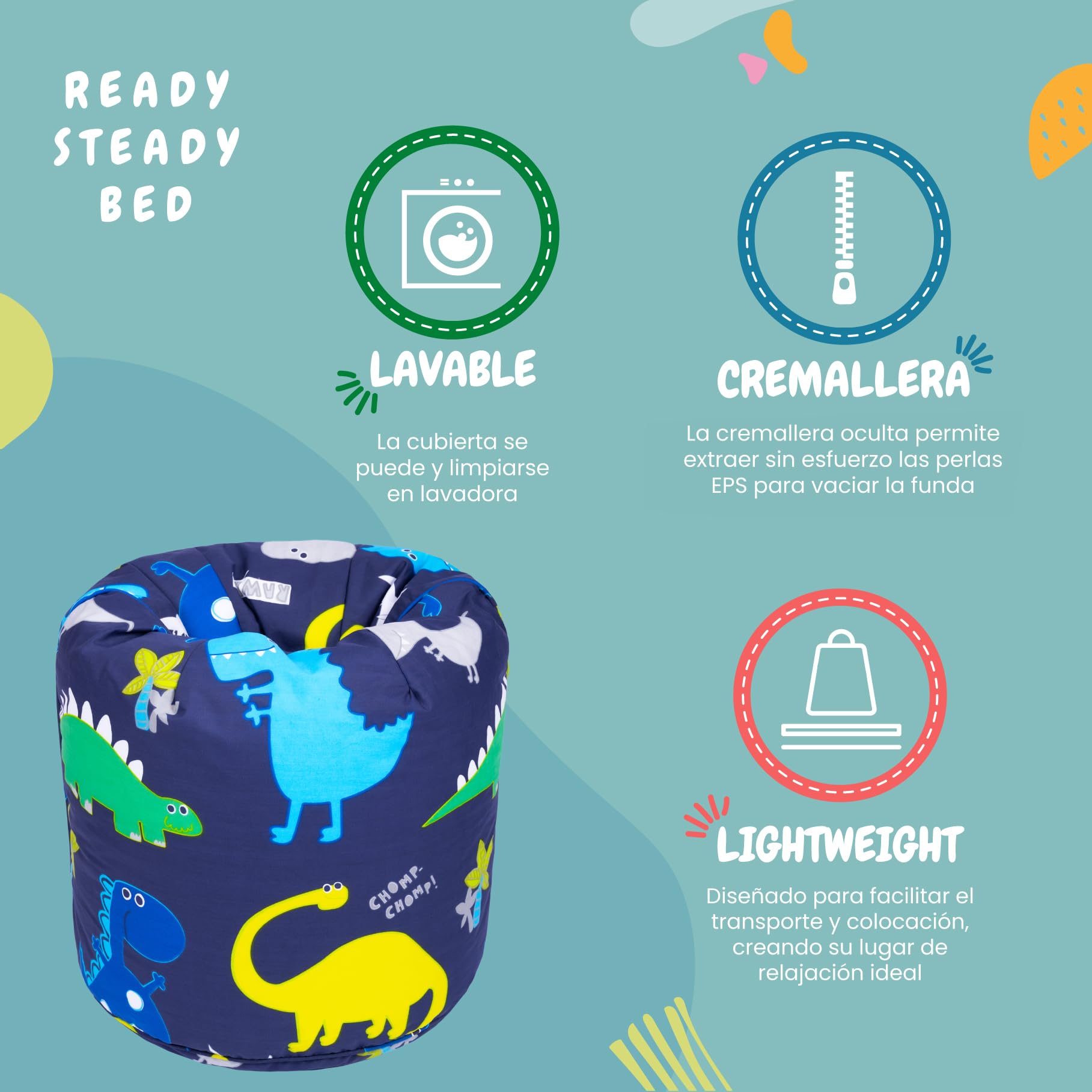 Ready Steady Bed Puff Infantil | Cómodo Puff niños para Interiores y Exteriores | Puf para niños Resistente al Agua | Diseño ergonómico Puff Infantiles | Puff con Relleno Incluido (Dino Dark)