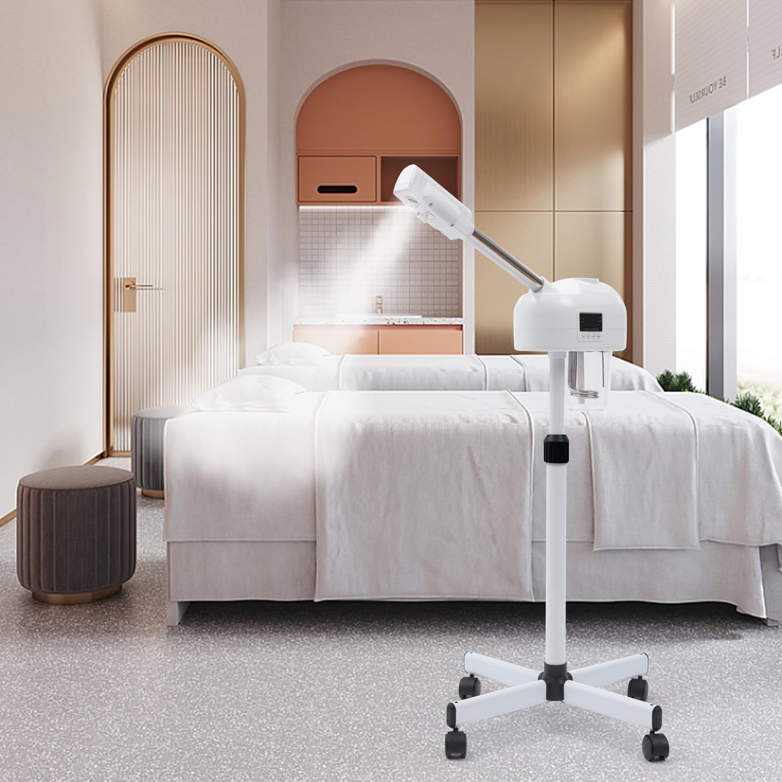 Vaporizzatore viso professionale con funzione ozono e vapore caldo, schermo LCD, per salone e casa, rimuovere punti neri, ridurre l'invecchiamento della pelle, il vapore può regolare l'altezza (bianco