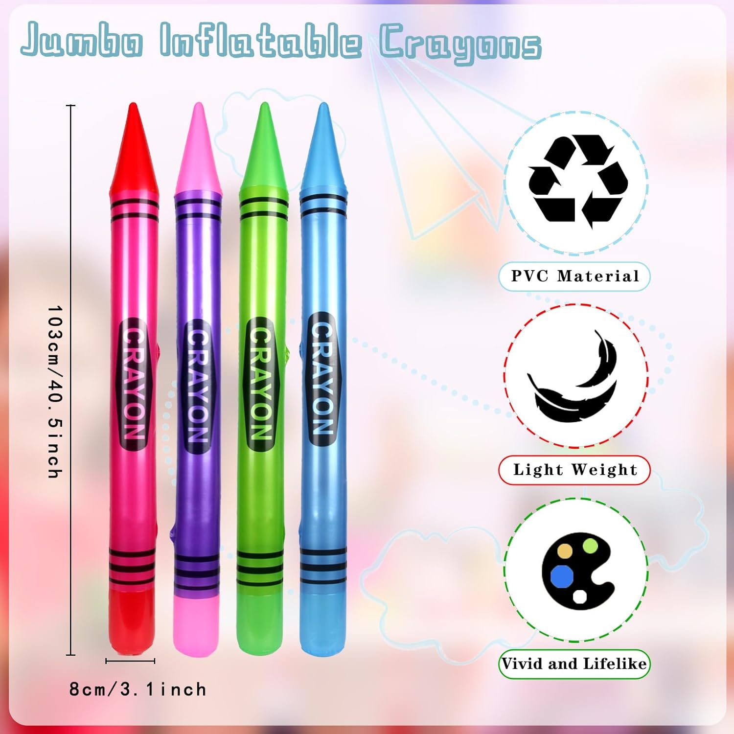 8 Pcs Jumbo Inflatable Crayons Large Neon Blow up Pencil Balloons for Classroom Playground Indoor Outdoor Birthday School Theme Party Decorations