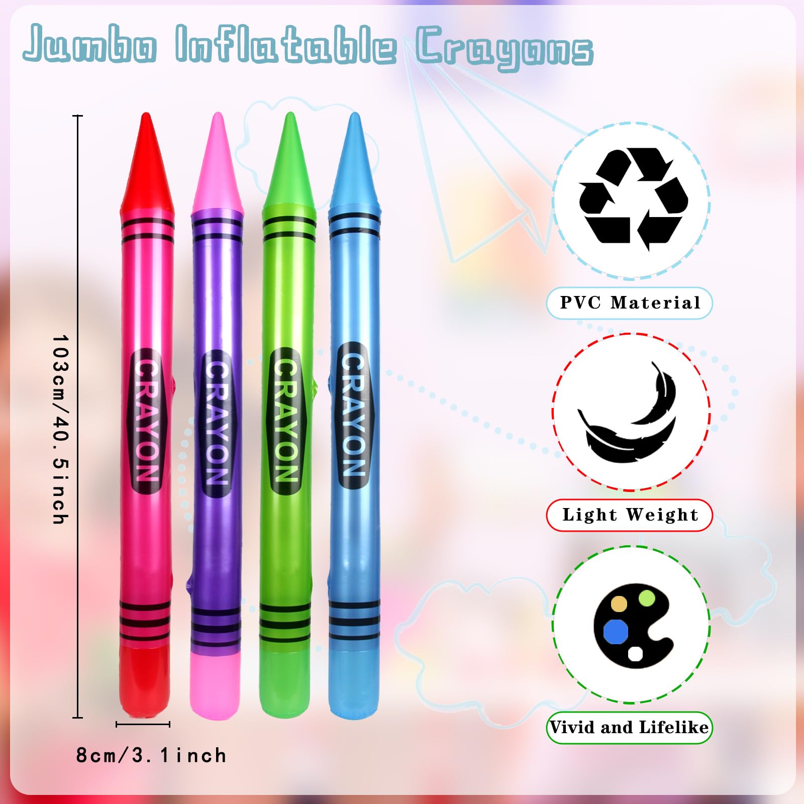 8 Pcs Jumbo Inflatable Crayons Large Neon Blow up Pencil Balloons for Classroom Playground Indoor Outdoor Birthday School Theme Party Decorations