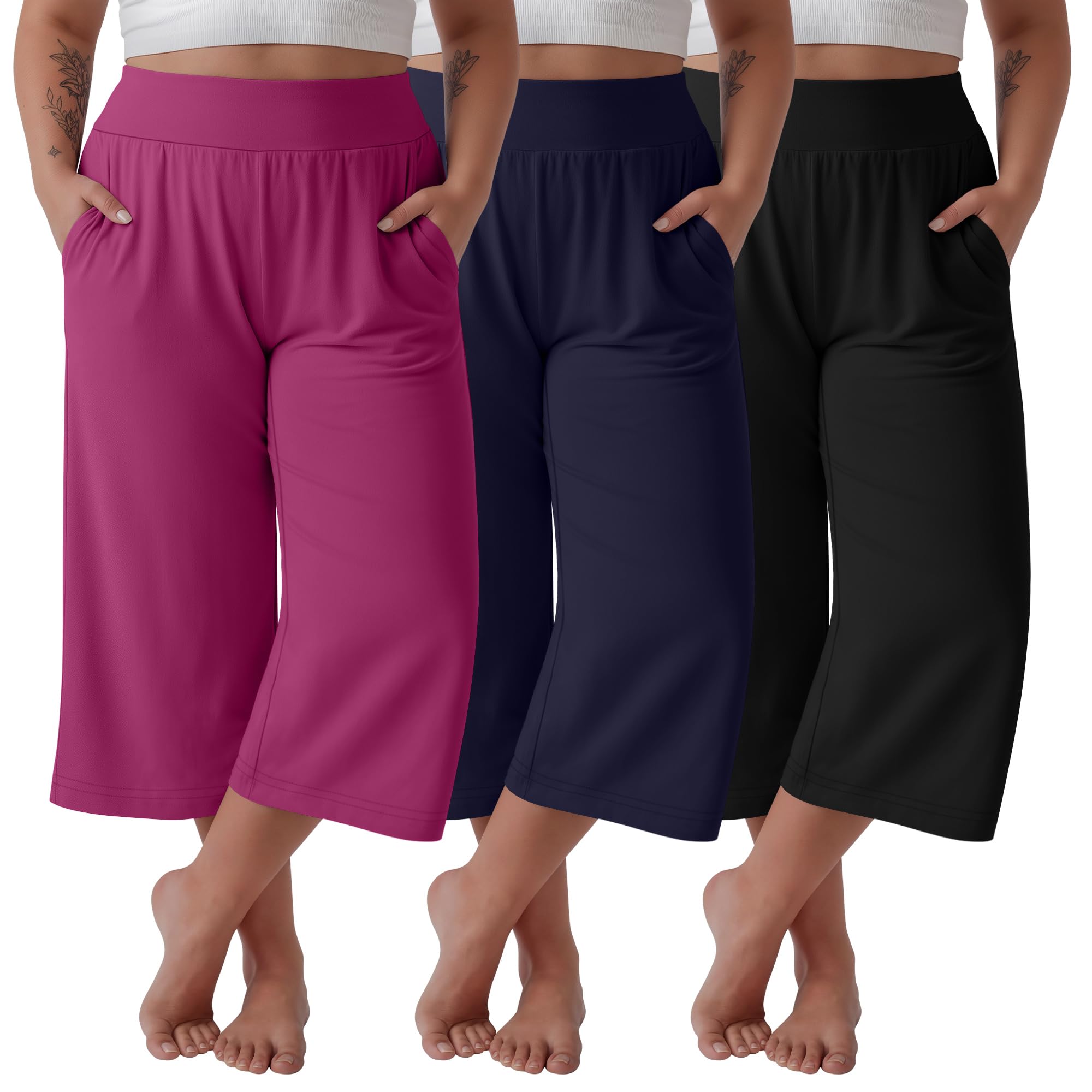 Photo 1 of Neer 3 Pack Women's Plus Size Capri Pants, Wide Legs Elastic Waist Capris with Pockets Lounge Loose Sweatpants(Black, Navy Blue, Fuchsia,XX-Large)