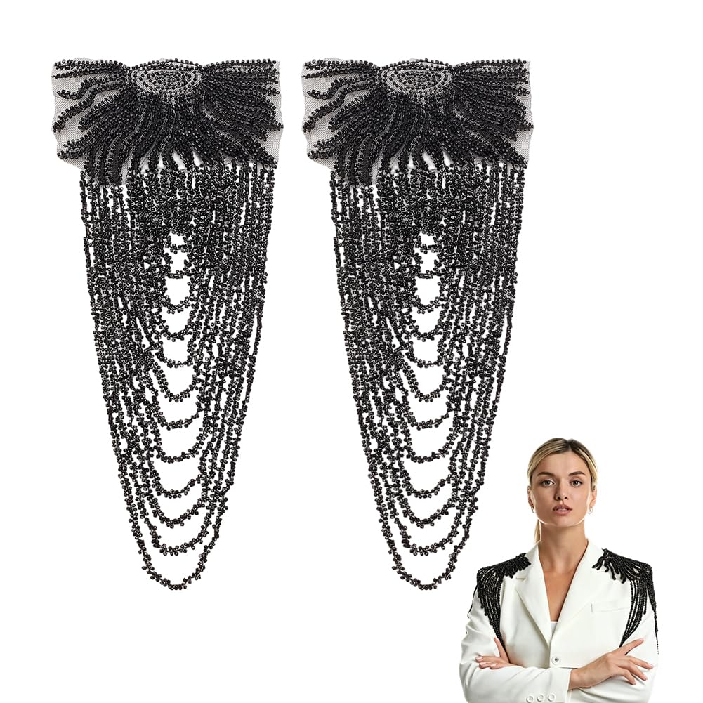 CRAFTYMELODY 1 Pair Rhinestones Applique for Shoulder Black Beaded Tassle Shoulder Applique Beaded Tassel Link Chain Epaulet Tassels Fringe Shoulder Epaullette for Shoulder Jacket Party Embellishment