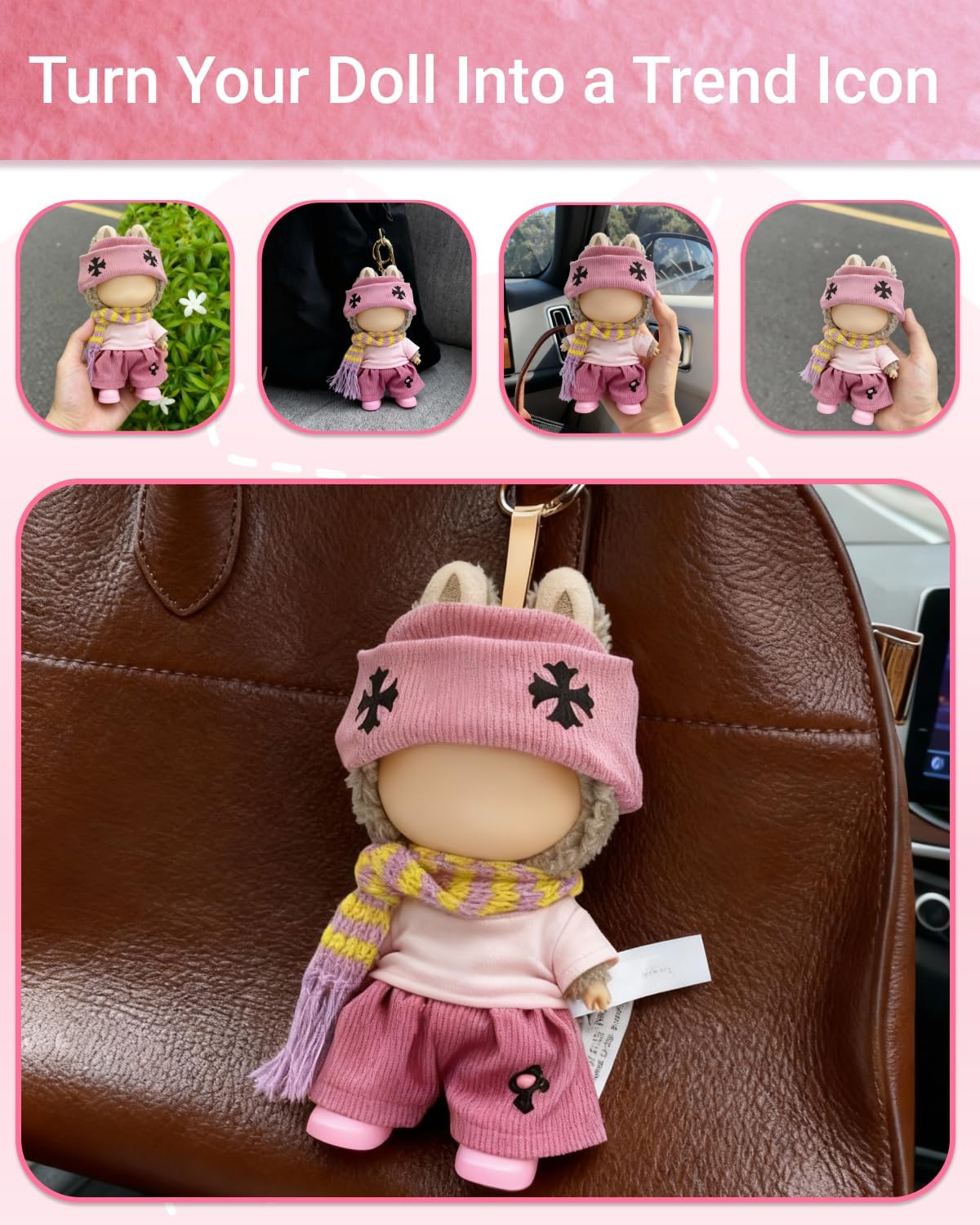 5Pcs Doll Clothes for Labubu – Pink Outfit Set with Hat & Scarf, Designer Clothes, Clothing & Accessories for 17cm Dolls (Doll Not Included)