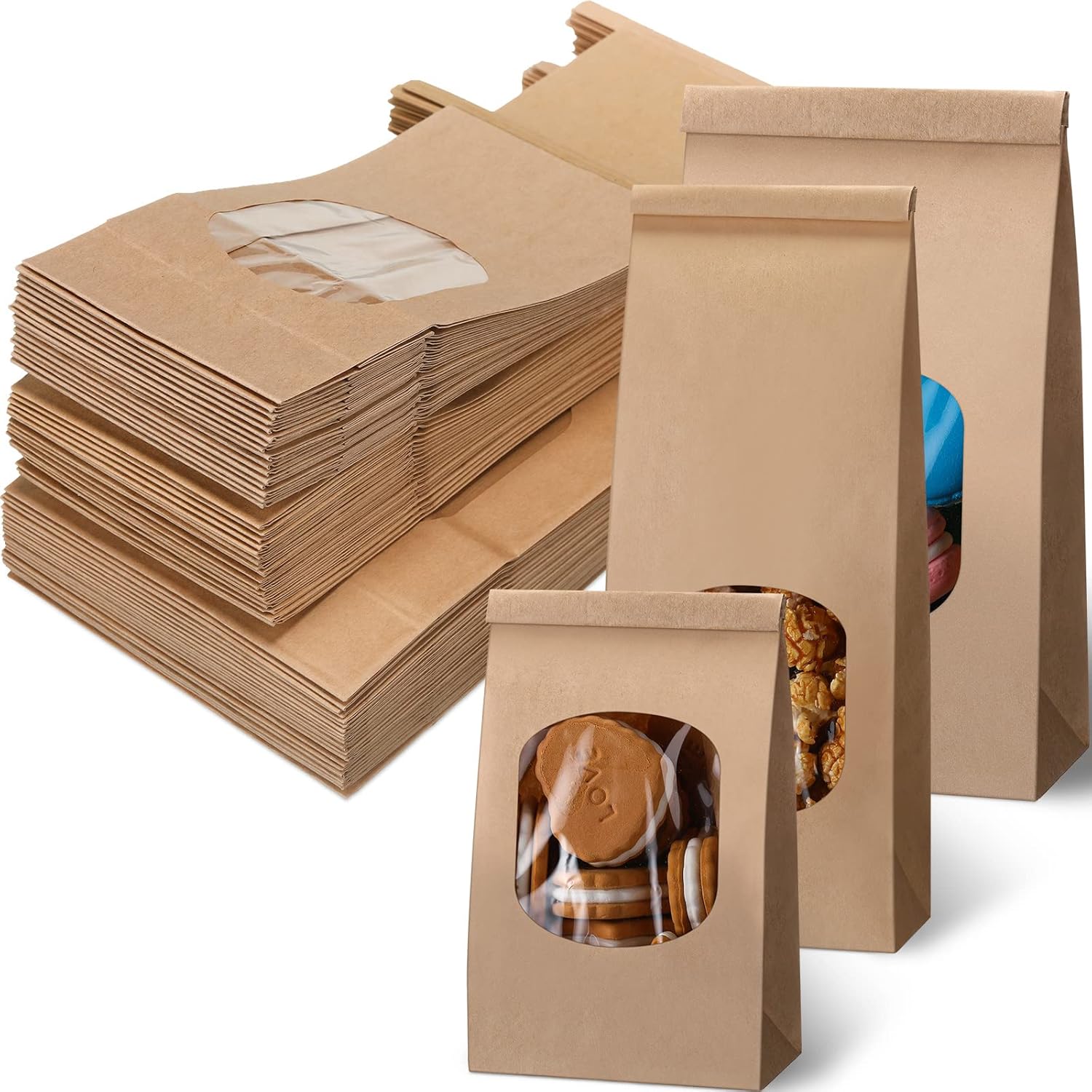 120 Pcs Kraft Bakery Bags with Window 3 Sizes Cookies Bags