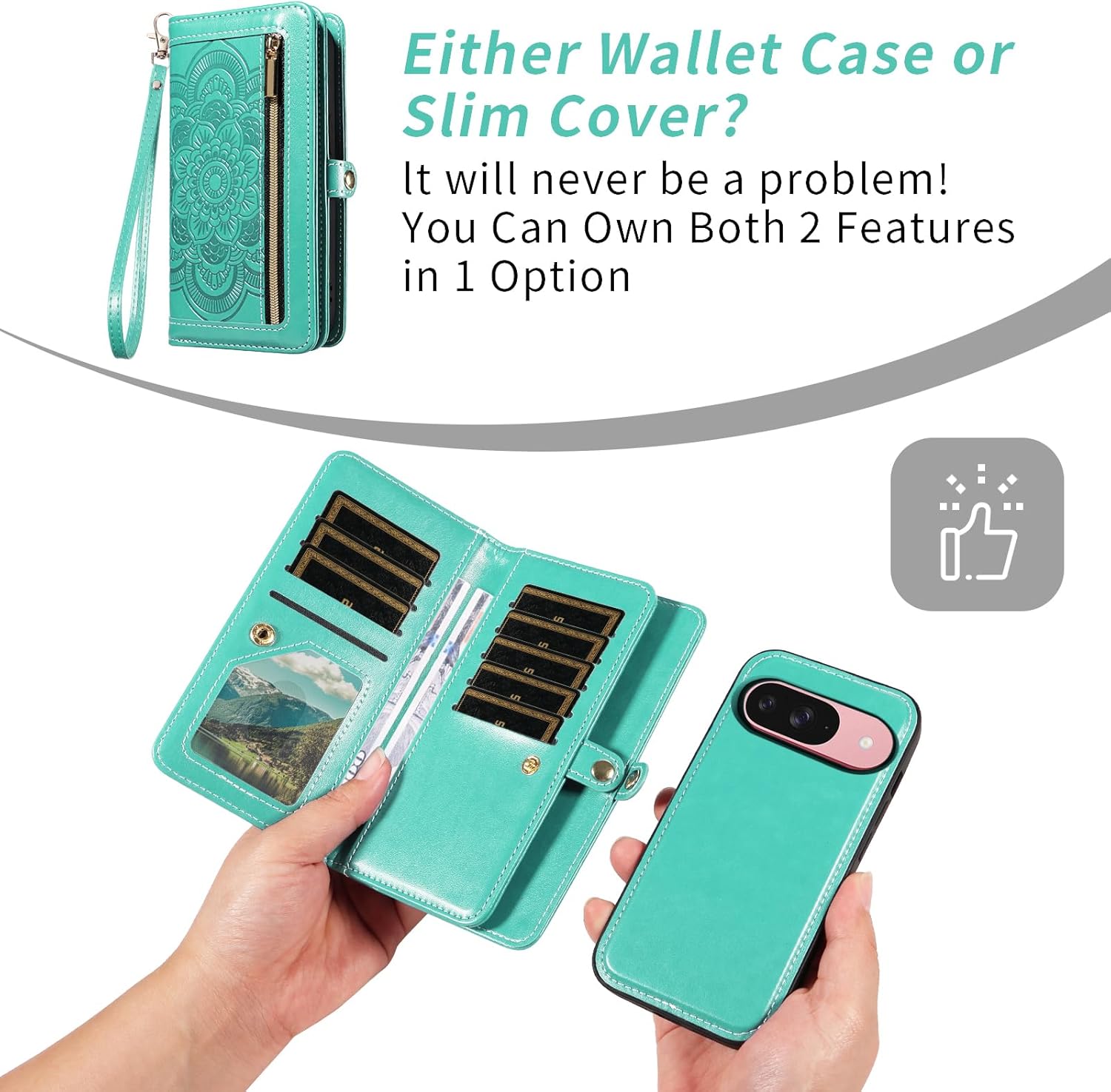 Asuwish Phone Case for Google Pixel 9/9 Pro 5G Zipper Wallet Detachable Cell Cover with Tempered Glass Screen Protector Crossbody Wrist Strap Flower Credit Card Holder Pixel9 9Pro Nine Women Men Green