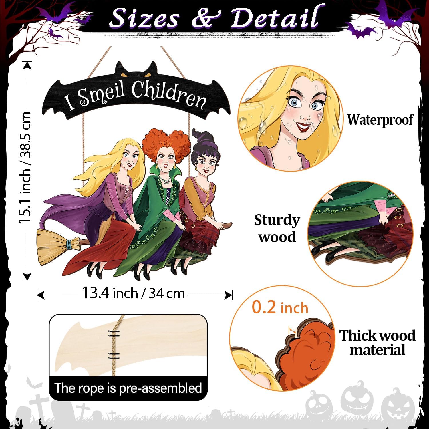 Halloween 3 Witches Door Hanger, Hocus Pocus Witch Sisters Wooden Sign for Front Door Wreath Wall Decor Holiday Party Home Decorations