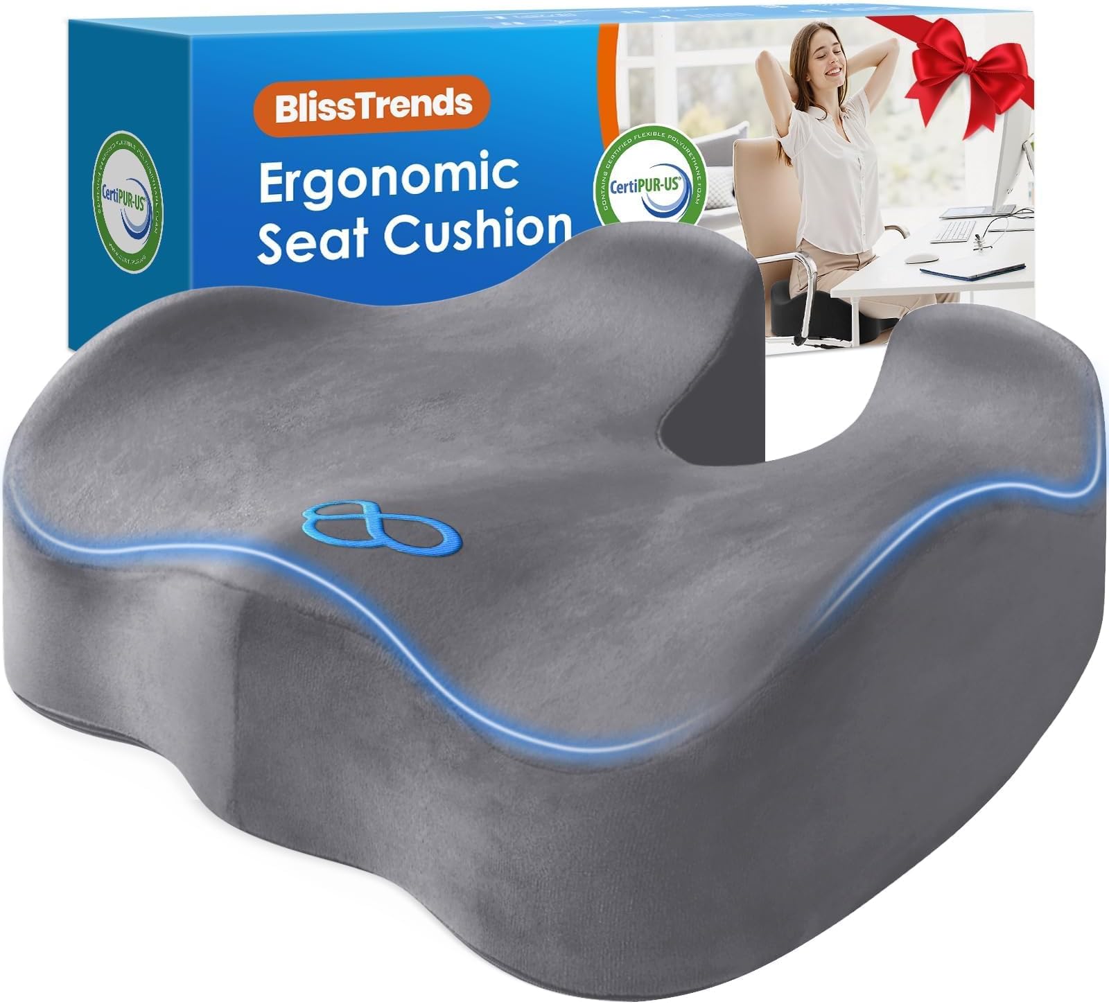 BlissTrends Thick Seat Cushion for Office Chair & Car Seat, XL, LightGrey