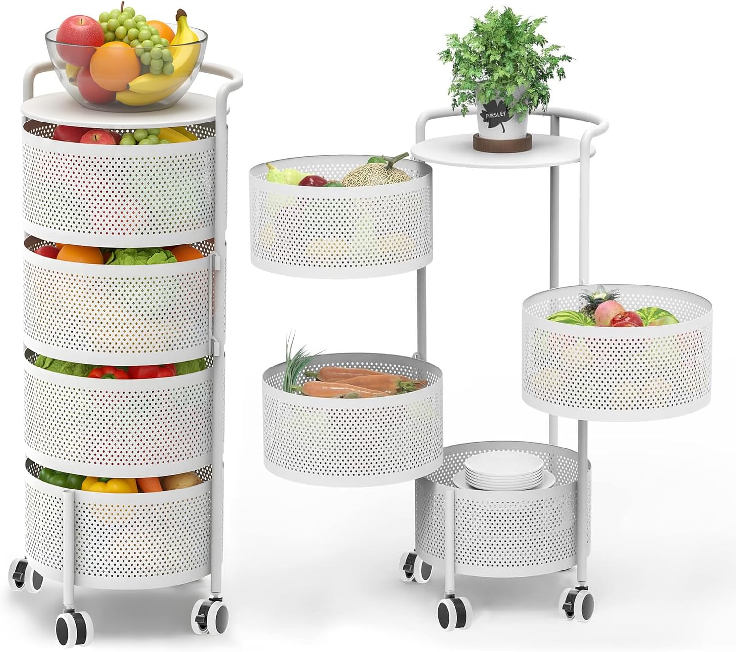 JAQ Rotating Storage Carts No Assembly, 4-Tier Round Storage Basket Rack Shelf Organizer on Rolling Wheels for Fruit Vegetables Grocery Corns Potato Onion Snack in Kitchen Pantry (4-Tier, White)