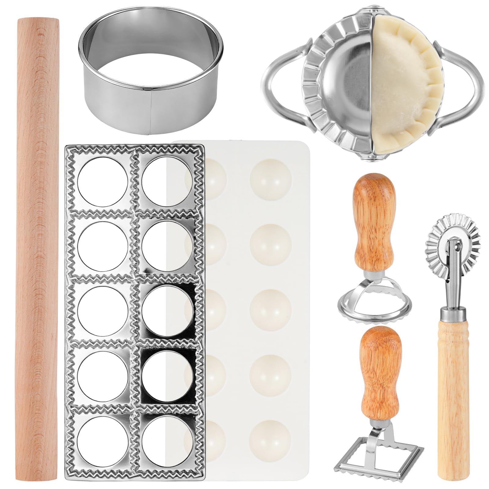 7 Pcs Ravioli Maker Set Including Pasta Cutter with Roller Wheel Ravioli Stamp Rolling Pin Pasta Maker Tools for Home Kitchen and Restaurant