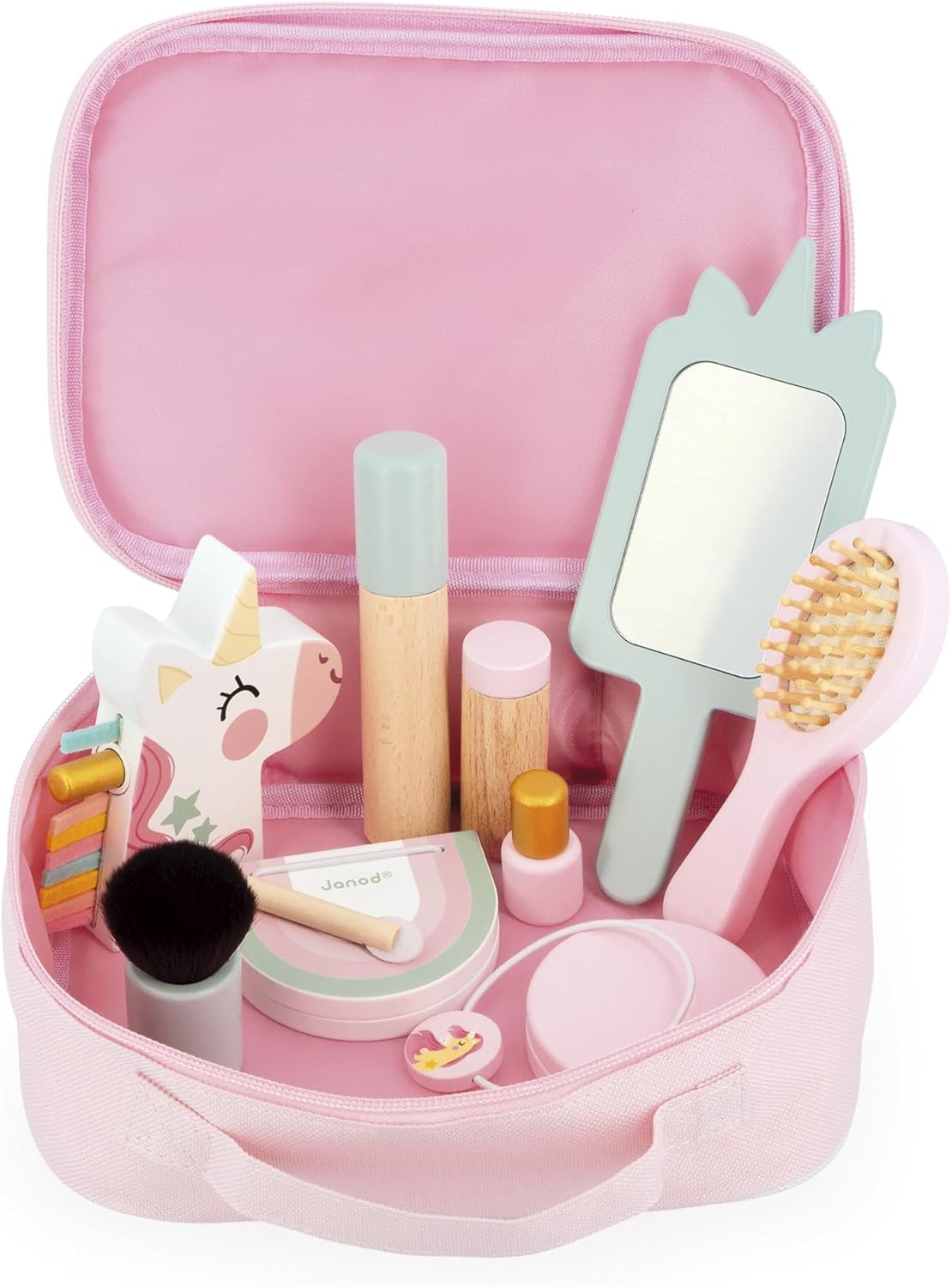 Janod - J06465 - Beauty Case - Unicorn Theme - 10 Accessories Included - Wooden Makeup Toys - Cosmetic Toy Kits - Ages 3+ - J06465, Pink