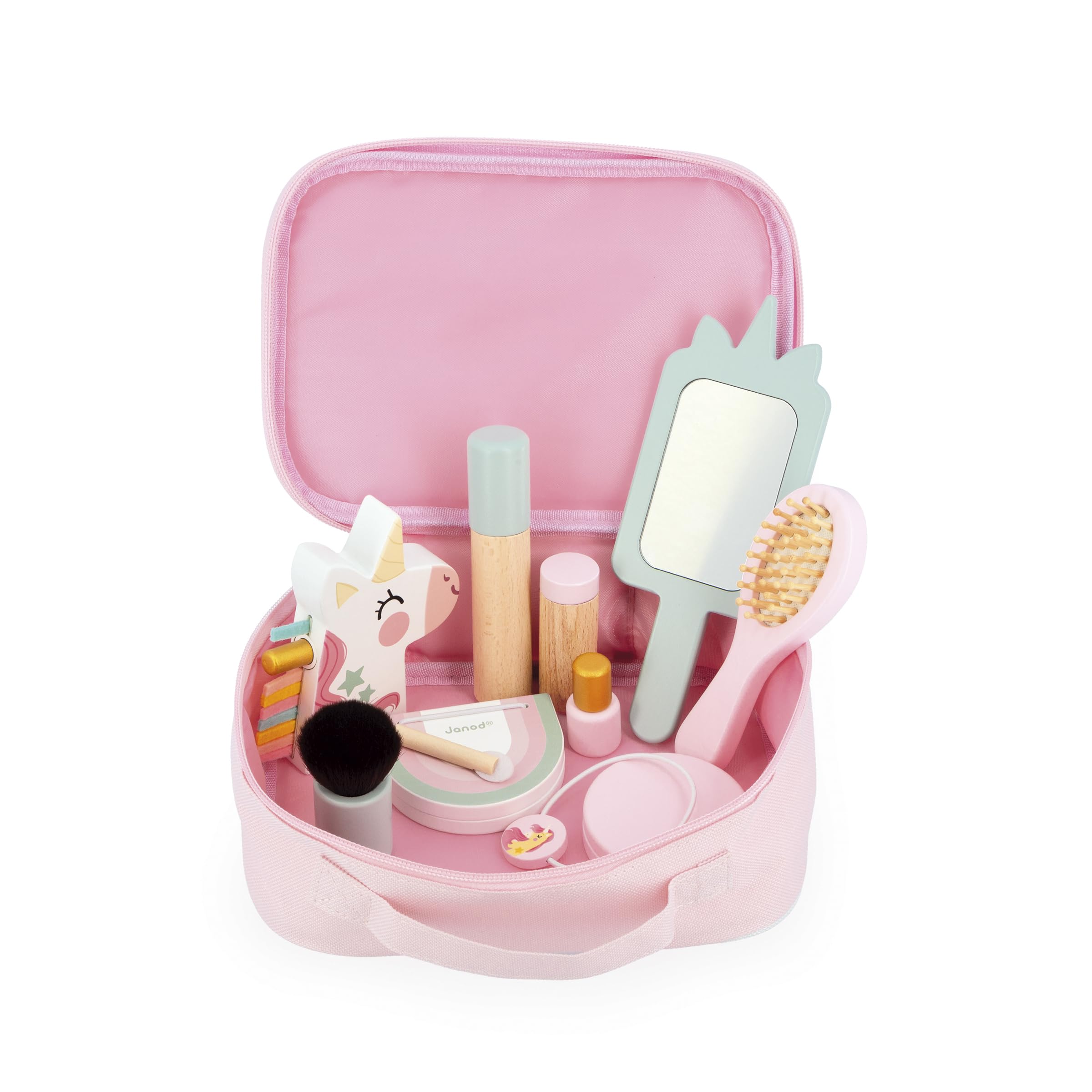 Janod - J06465 - Beauty Case - Unicorn Theme - 10 Accessories Included - Wooden Makeup Toys - Cosmetic Toy Kits - Ages 3+ - J06465, Pink