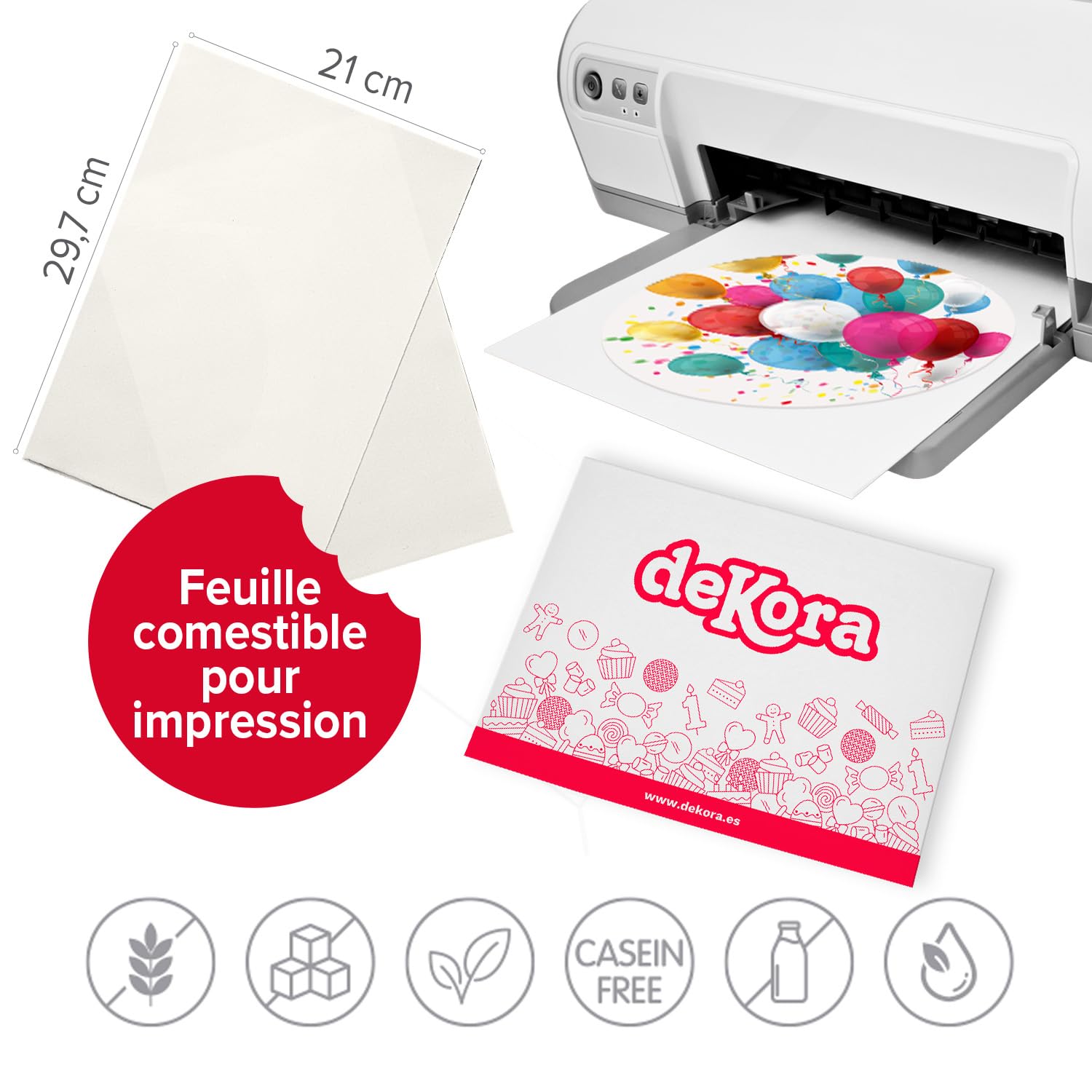 dekora - Papier comestible A4 pour impression - 25 feuilles - Papier d'amidon sans sucre compatible avec imprimantes à encre alimentaire - Décoration créative pour gâteaux, biscuits et cupcakes