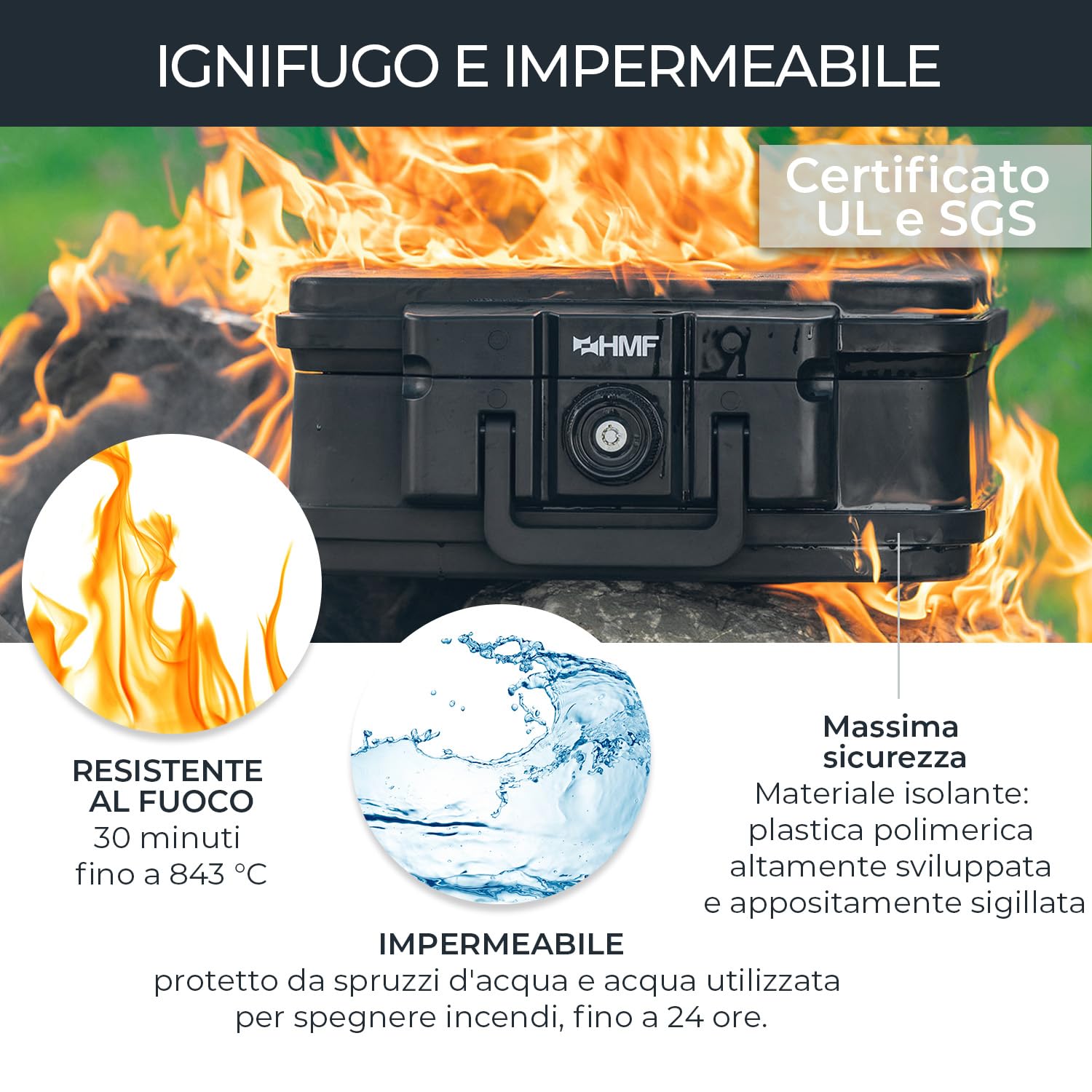 HMF 250452 Scatola portadocumenti ignifuga e impermeabile | DIN A4 | 44,5 x 16,5 x 33 cm | nero