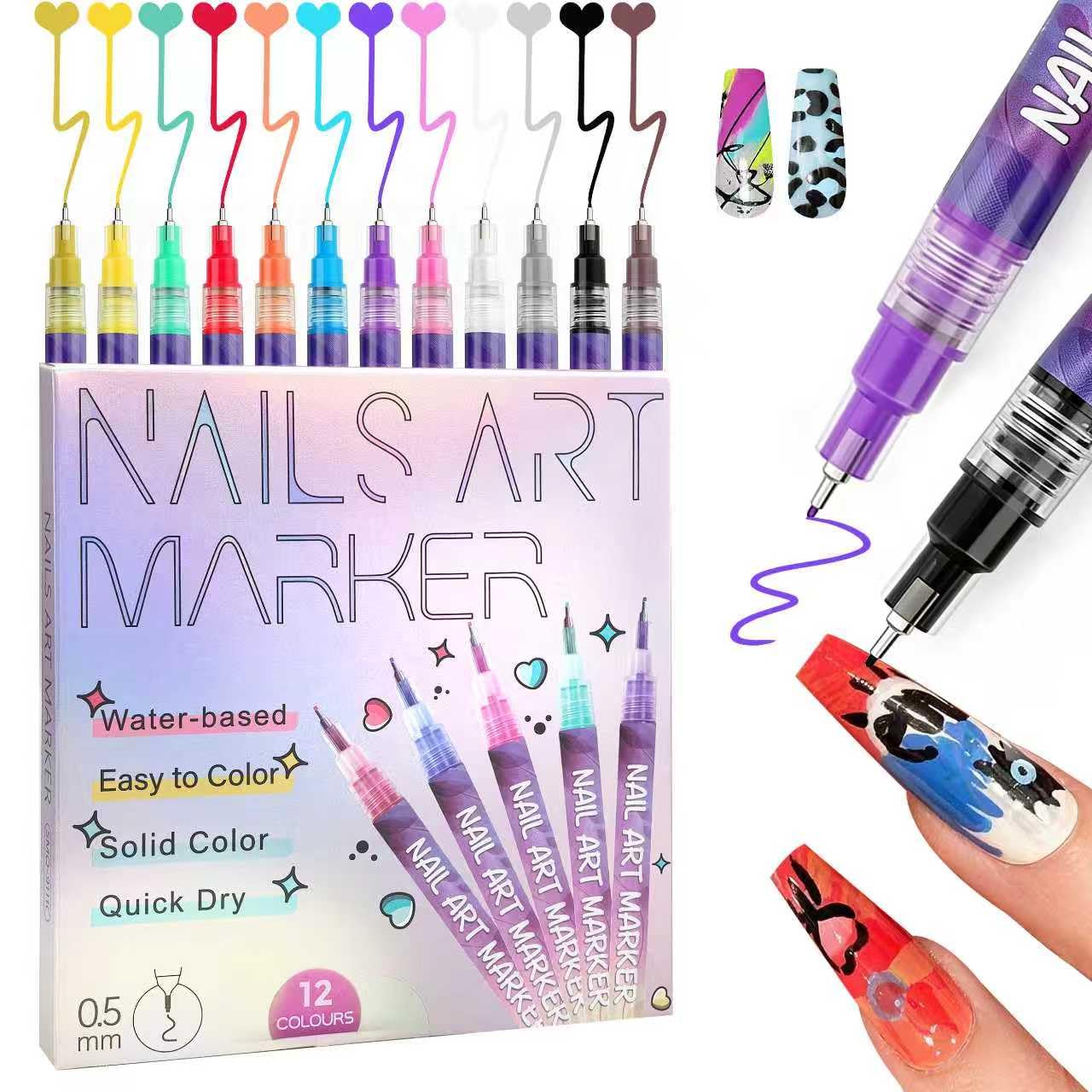 Nail Art Pens Markers Kit 12 Colors 0.5mm Fine Tip Nail Polish Pens, Quick Dry Waterproof Nail Polish Markers for DIY Drawing & Dotting, Home Salon Manicure Tools Gift for Women