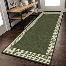 Door Mats Indoor Non Slip Mat Carpet Runners for Hallways Geometrical Border Low Profile Washable Runner Rug for Kitchen, Front Door Hall Hallways Living Room (66 x 220 cm, Green Cream)
