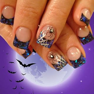 24Pcs Halloween French Tip Press on Nails Short Square Blue Spider Web Fake Nails with Spider Design Glitter Blue False Nails Full Cover Cute Glossy Acrylic Nails for Women Nails Decorations