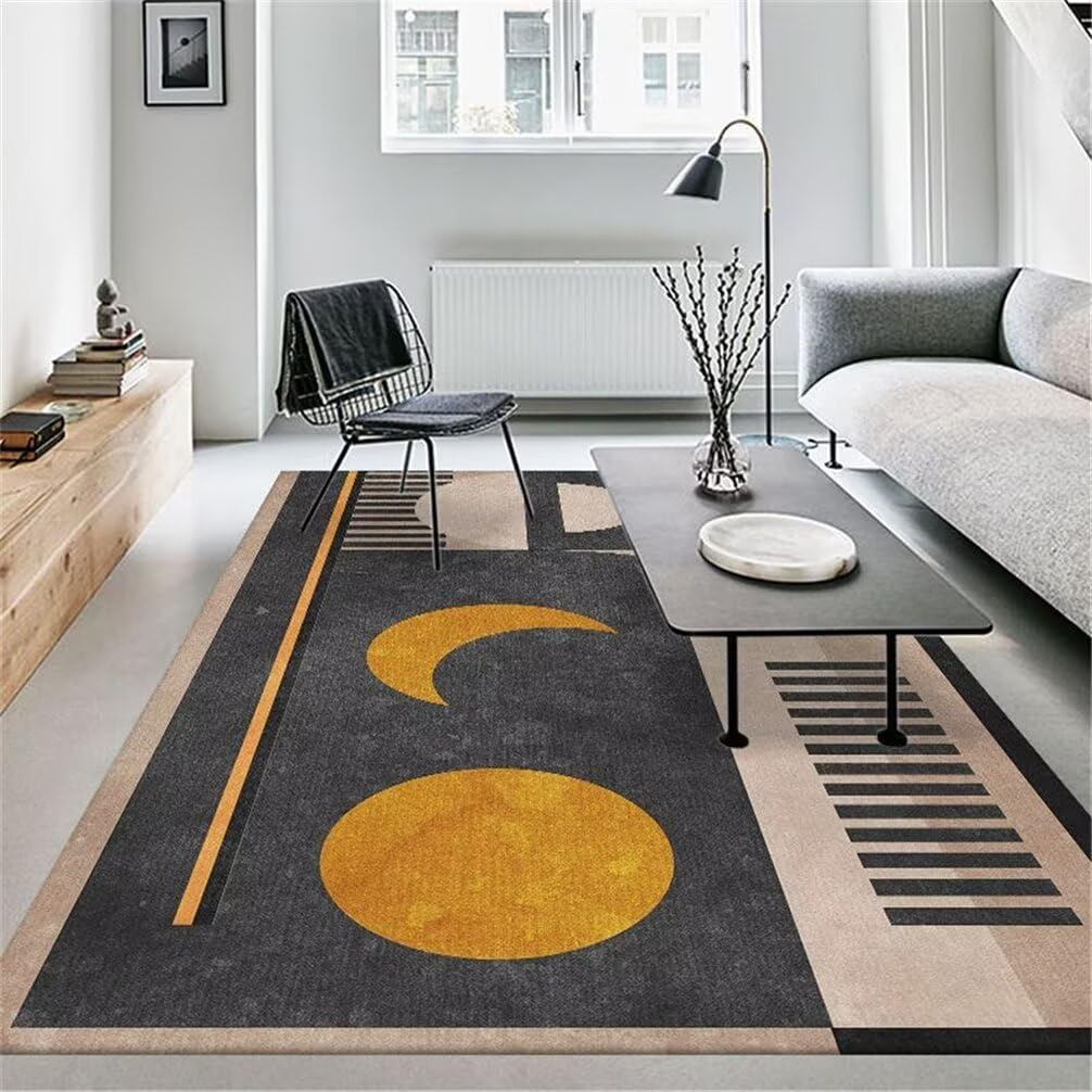 Tapis de salon 90x120cm gris et jaune à motif géométrique moderne