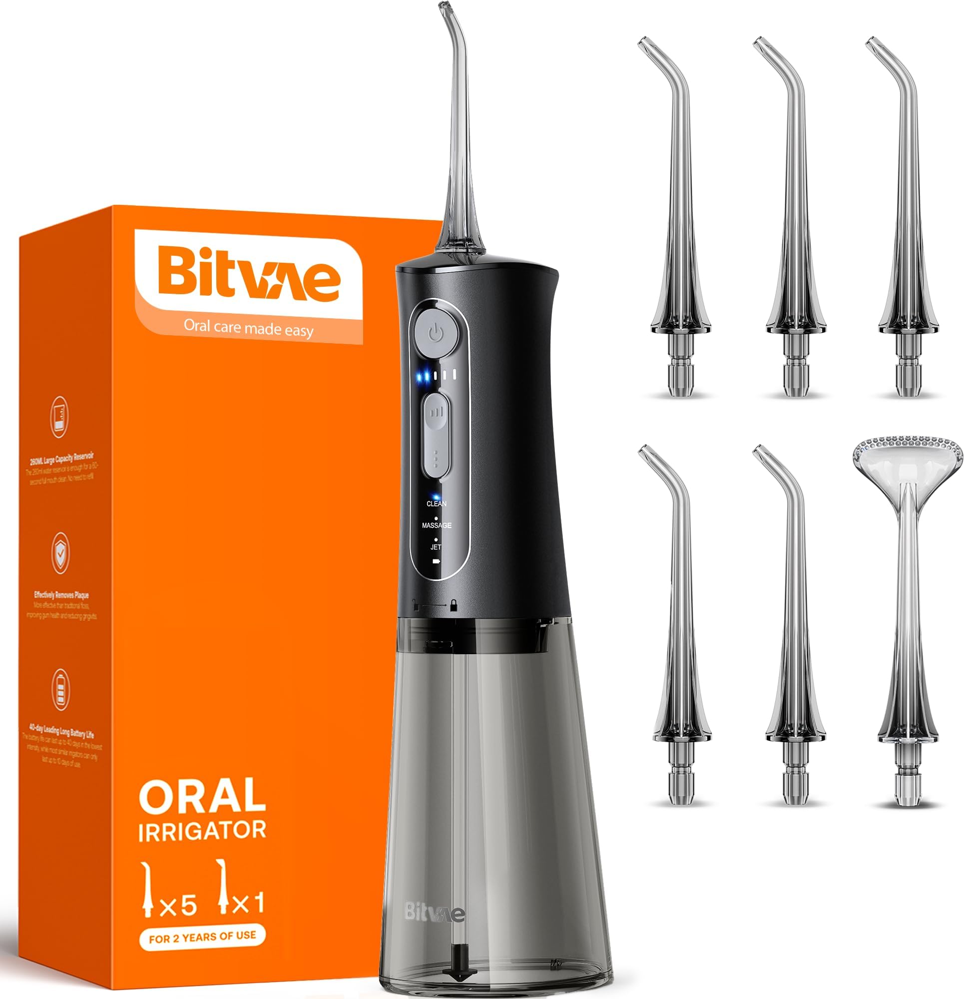 Bitvae Water Flosser Professional for Teeth , Portable 260ML Water Teeth Cleaner Picks , 3 Cleaning Modes 6 Jet Tips , IPX7 Waterproof , USB Rechargeable Water Dental Picks for Cleaning