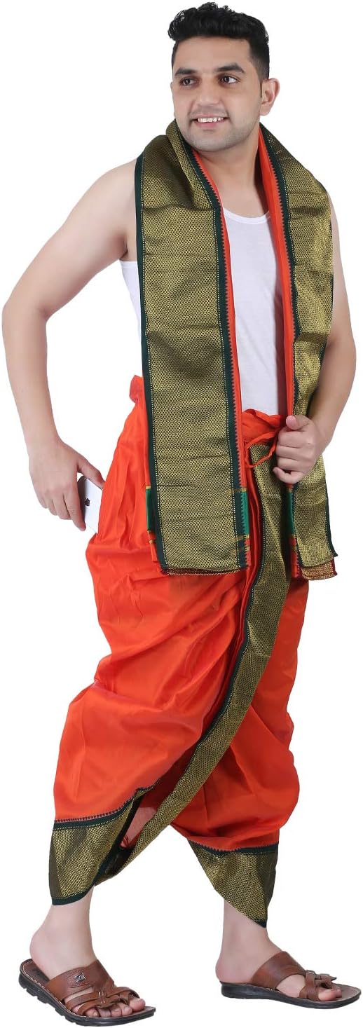 Mens Asha Silk Panchakacham Ready to wear dhoti towel set with pocket/Panchakacham dhoti with Angavastram (Stitched Dhoti with Pocket