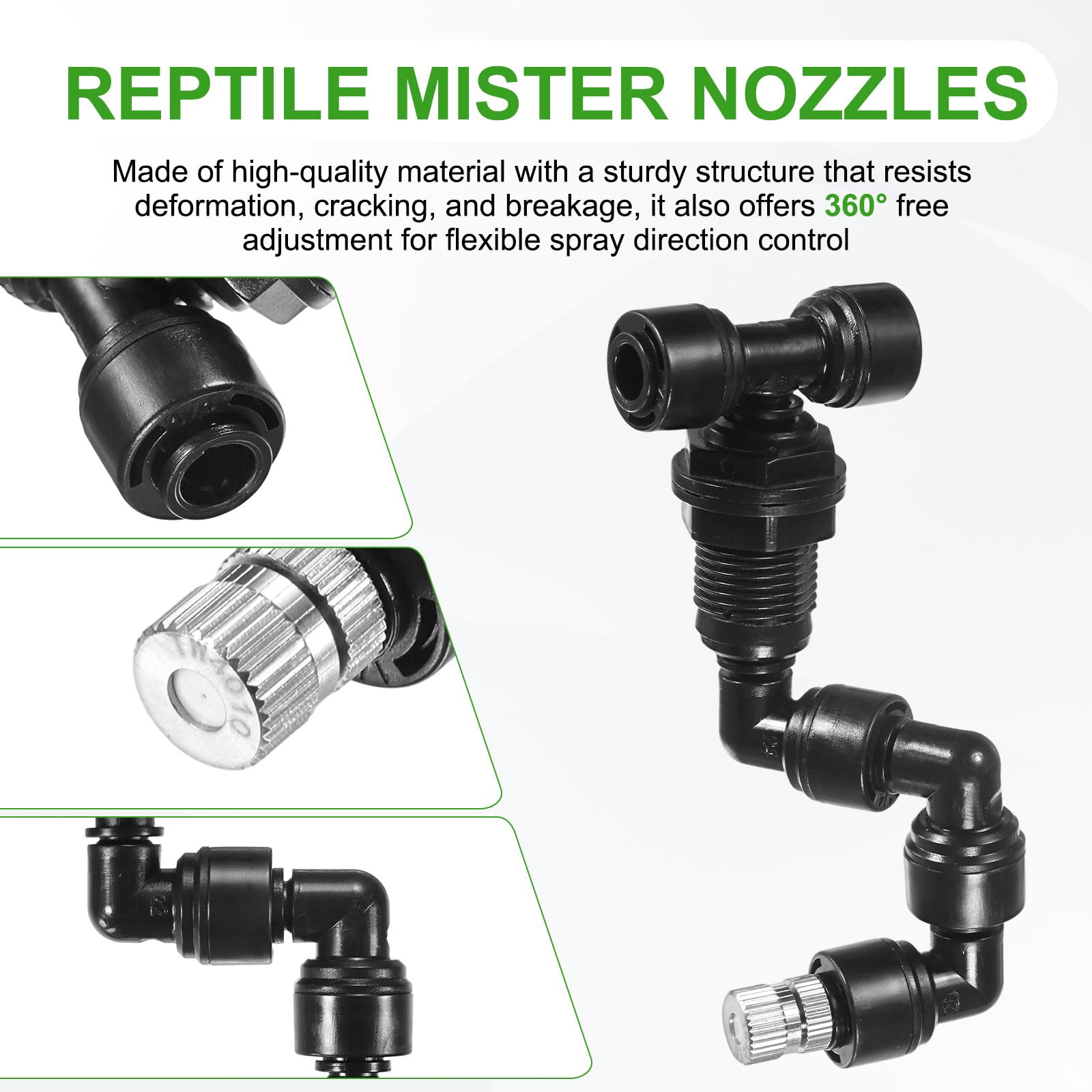 Zestaw 2 dysz zraszających dla gadów, dysza zraszająca z miedzi o średnicy porów 0,4 mm i średnicy 1/4 cala do terrarium/wiwarium, regulowana w zakresie 360 stopni, odłączana [czarna]