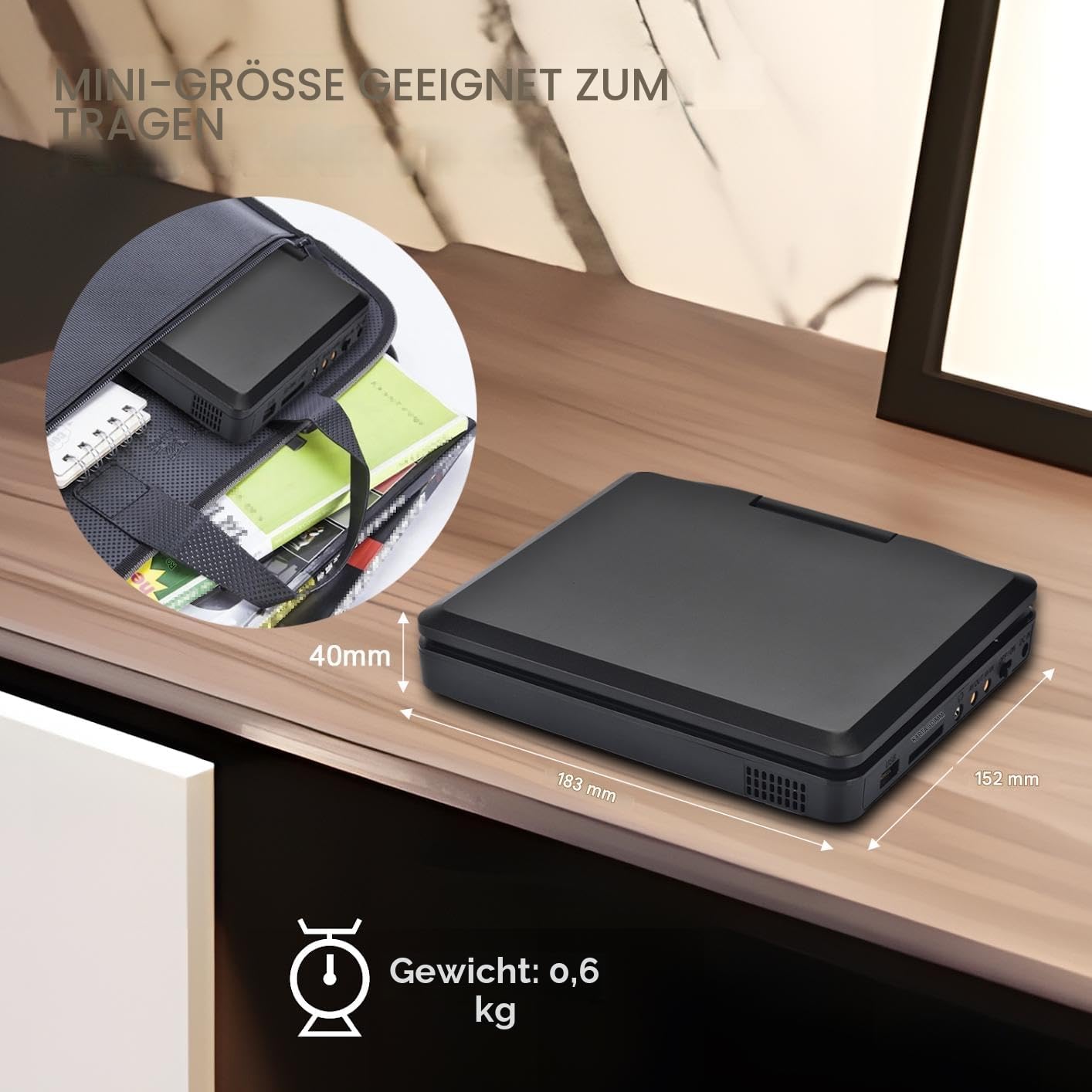 YOOHOO 9,5" Mini tragbarer DVD Player für Auto und Kinder mit Bildschirm 7,5" HD Bildschirm,mit akku， unterstützt alle Regionen, mehrere Regionen, Auto DVD Player für Kinder, Kopfhörer/SD/USB