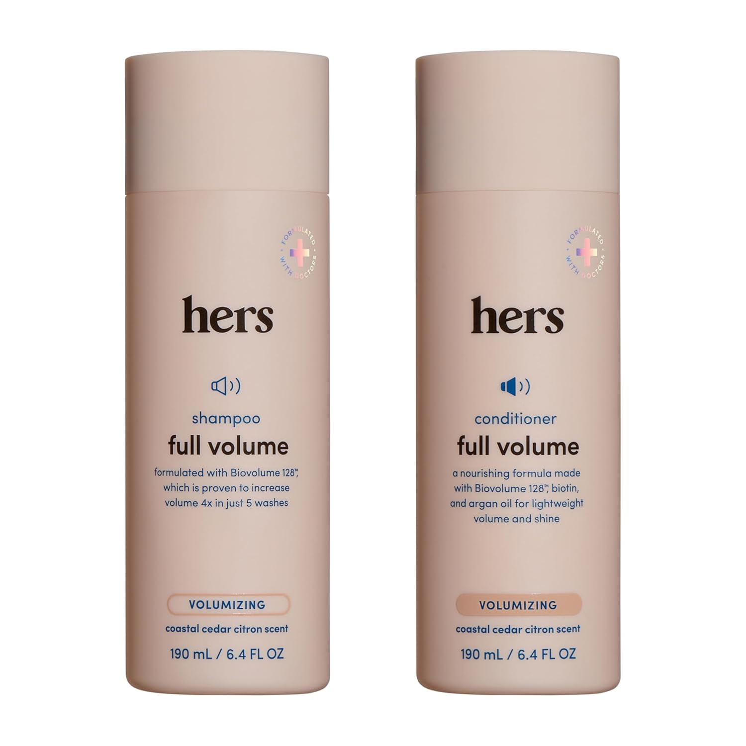 hers Full Volume Shampoo & Conditioner Set - Biovolume 128 & Biotin Formula - Volumizing, Shine-Boosting Hair Care - Paraben-Free - Coastal Cedar Citron Scent - 6.4 Fl Oz, 2 Count
