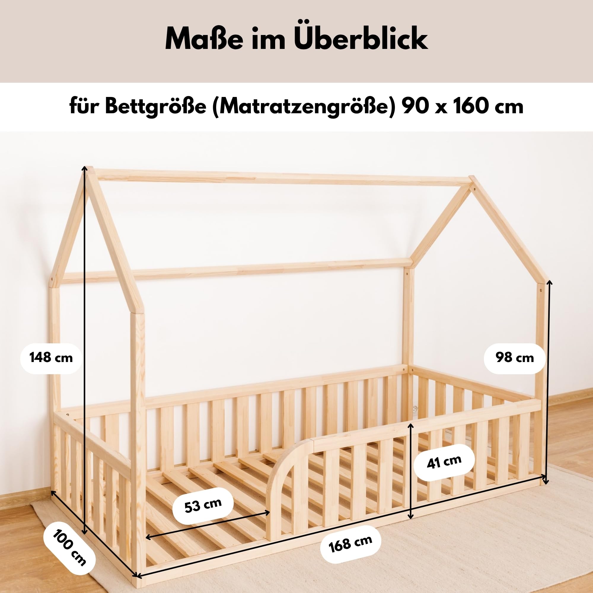Bodenbett 90x160 für Kleinkinder, Montessori Hausbett aus FSC-Kiefernholz Weiß, Kinderbett mit Lattenrost und 41 cm Rausfallschutz, Einstieg Links