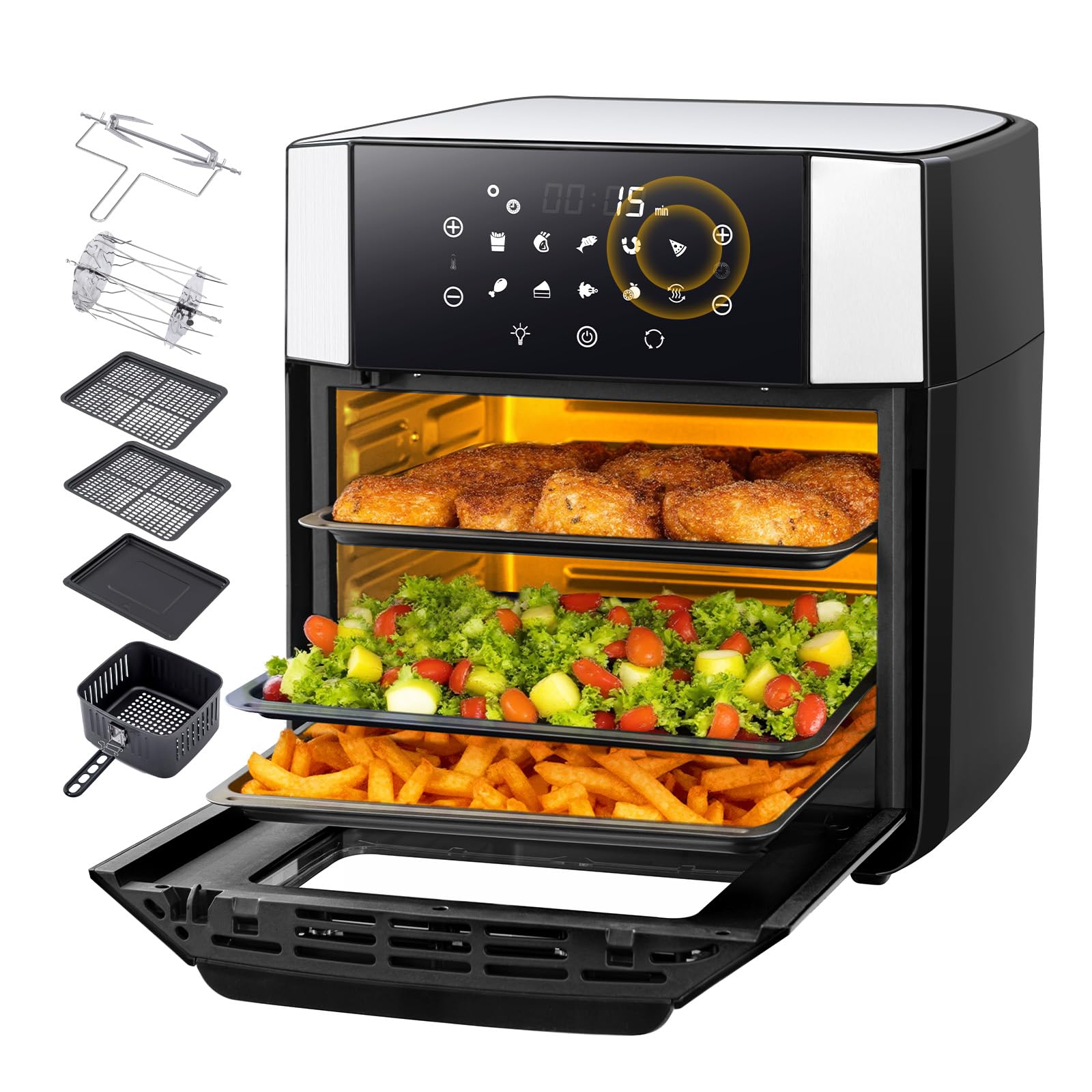 LLIVEKIT 15L Air Fryer, 90% Less Oil Air Fryer, 10 Functions Hot Air Oven, Mini Oven with 7 Accessories, Oil-Free Fryer with Visual Window, LED Touch Screen, 1800W