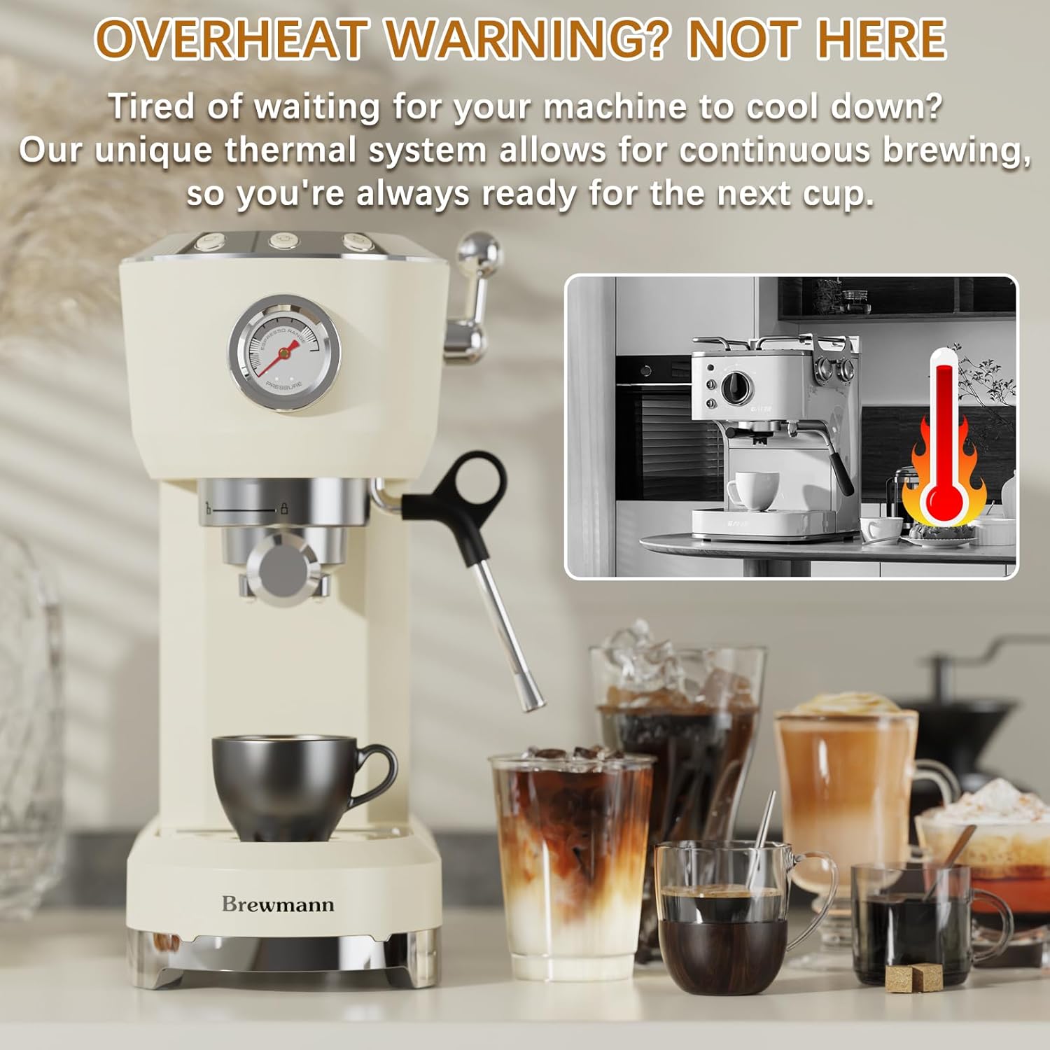 Espresso Machine 20 Bar, Latte and Cappuccino Machine with Steam Milk Frother, Fast Heating, Professional Espresso Maker for Home, 42oz Removable Water Tank, Cream