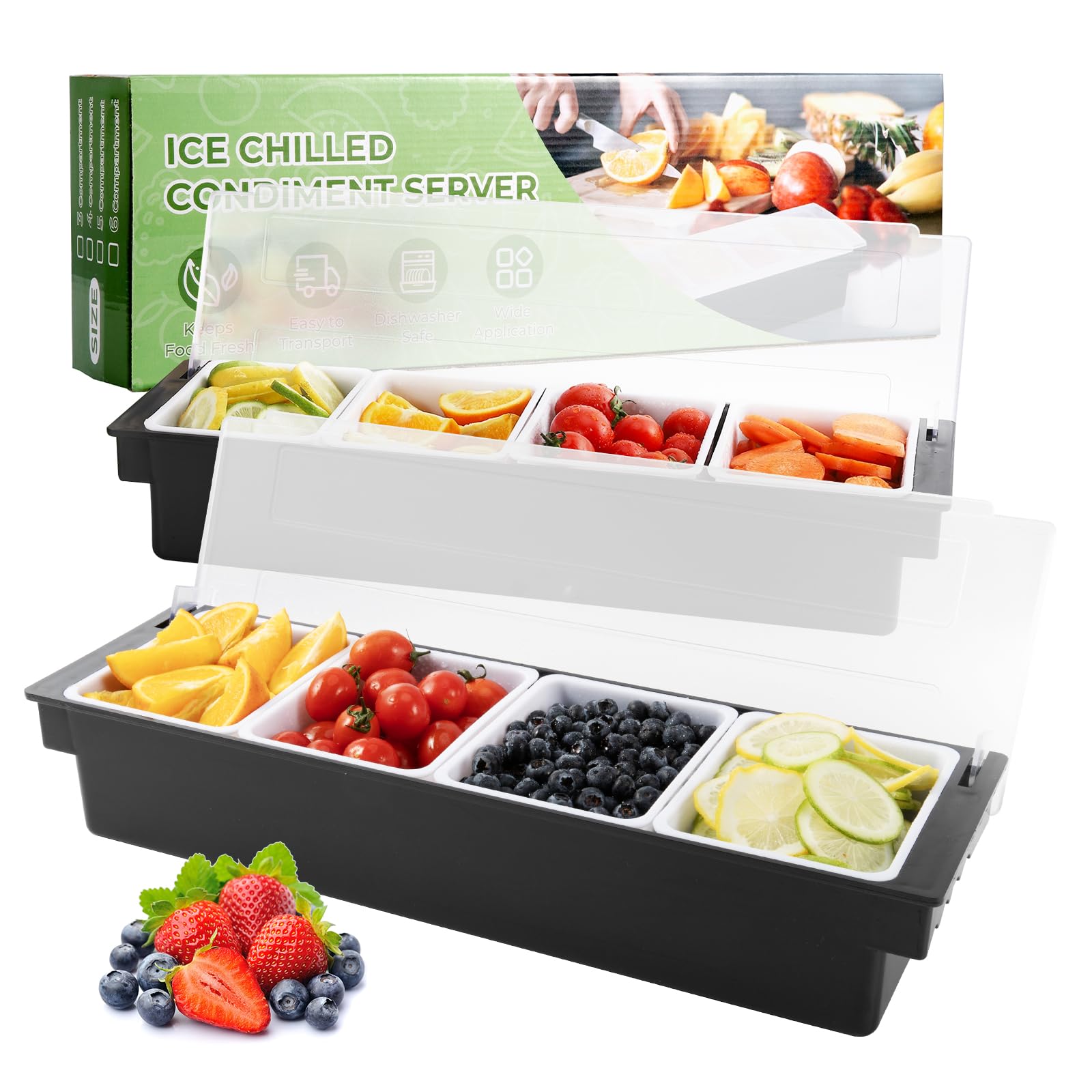 WICHEMI Fruit, Veggie & Specerij Caddy met Deksel Dispenser Tray Garneer Station voor Bartending & Serveren Taco, IJs, Salade Bar - Topping Organizer voor Restaurant Supplies (4 compartimenten, 2 Pack
