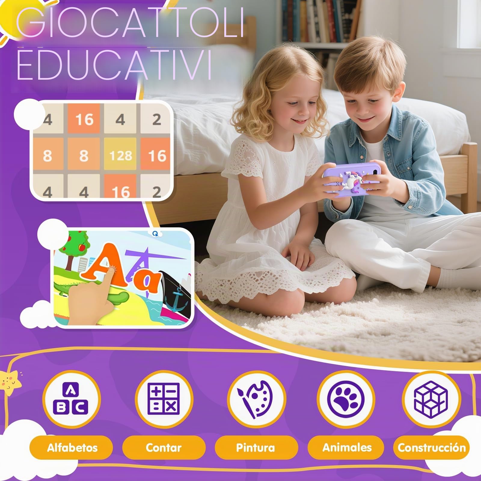 Fippesax Telefono Bambini, 2,8" Smartphone Bambini, Telefono Giocattolo per Bambine con 8GB Card, 20 Giochi Didattici, Doppia Fotocamera, Musicale, Sveglia - Regalo Natale/Compleanno Viola