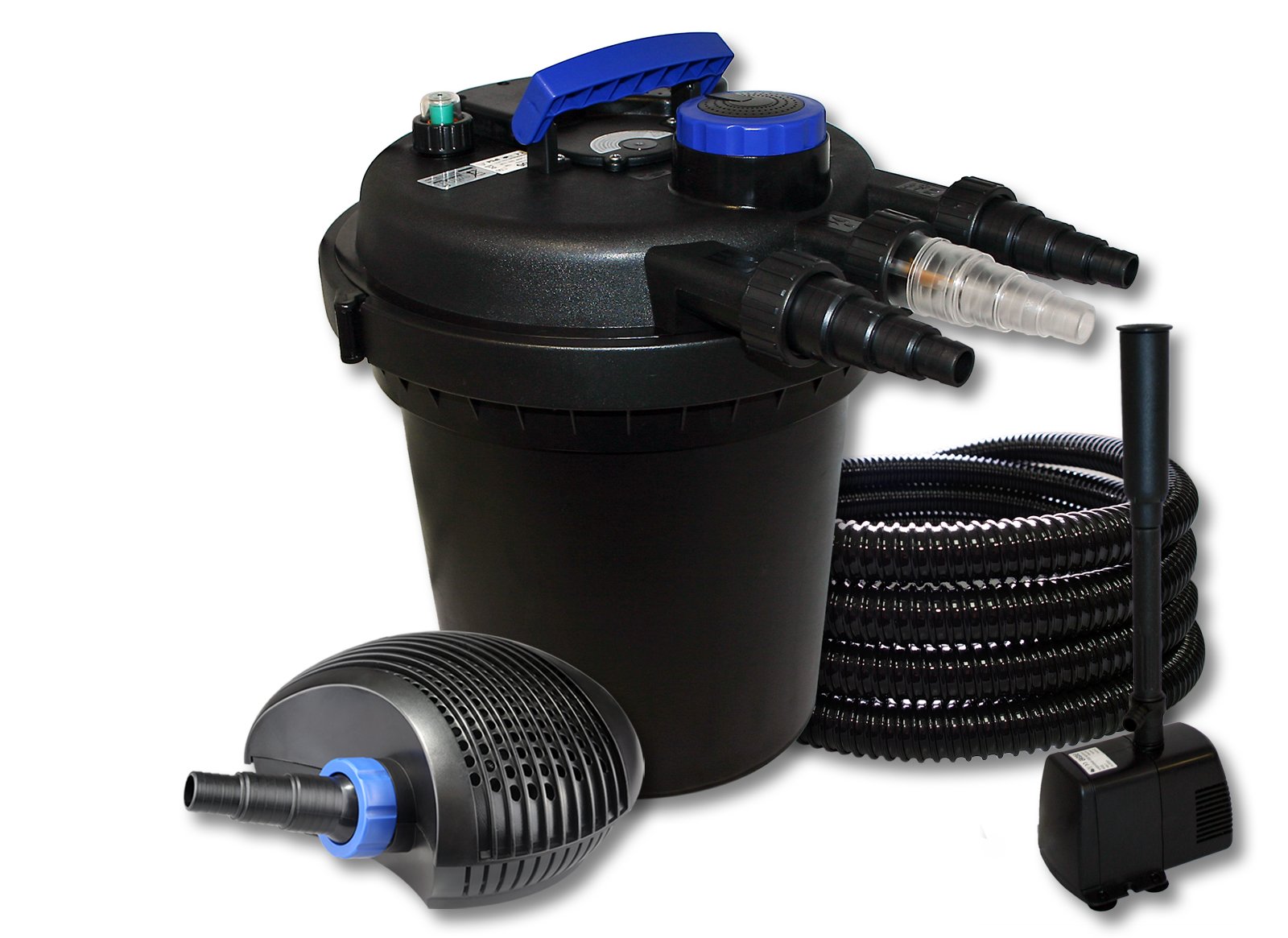 SunSun Kit complet: CPF-250 Filtre de bassin à pression jusqu’à 10000 L avec 11W lampe uv, CTF-3800 SuperECO pompe de filtration 3600l/h 20W, 25m Tuyau 25 mm (1"), HJ-943 ECO fontaine 800l/h 16W