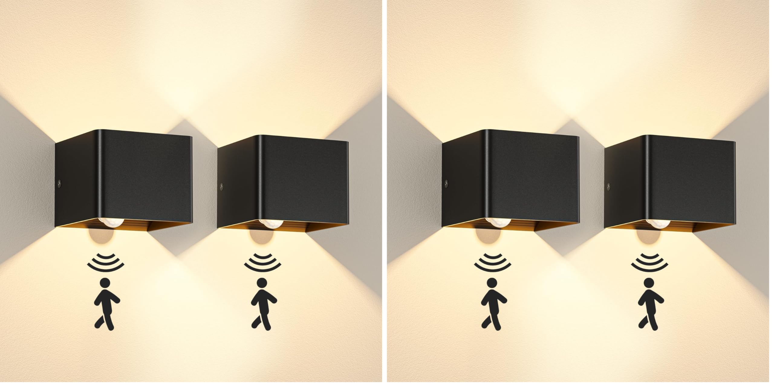 Kinamy Wandleuchte mit Bewegungsmelder Innen, LED Wandlampe Up Down, Wandbeleuchtung Moderne Schwarz, Wandleuchten für Flur, Treppen, Küche, Wohnzimmer, Schlafzimmer, 2 Stück (Packung mit 2)