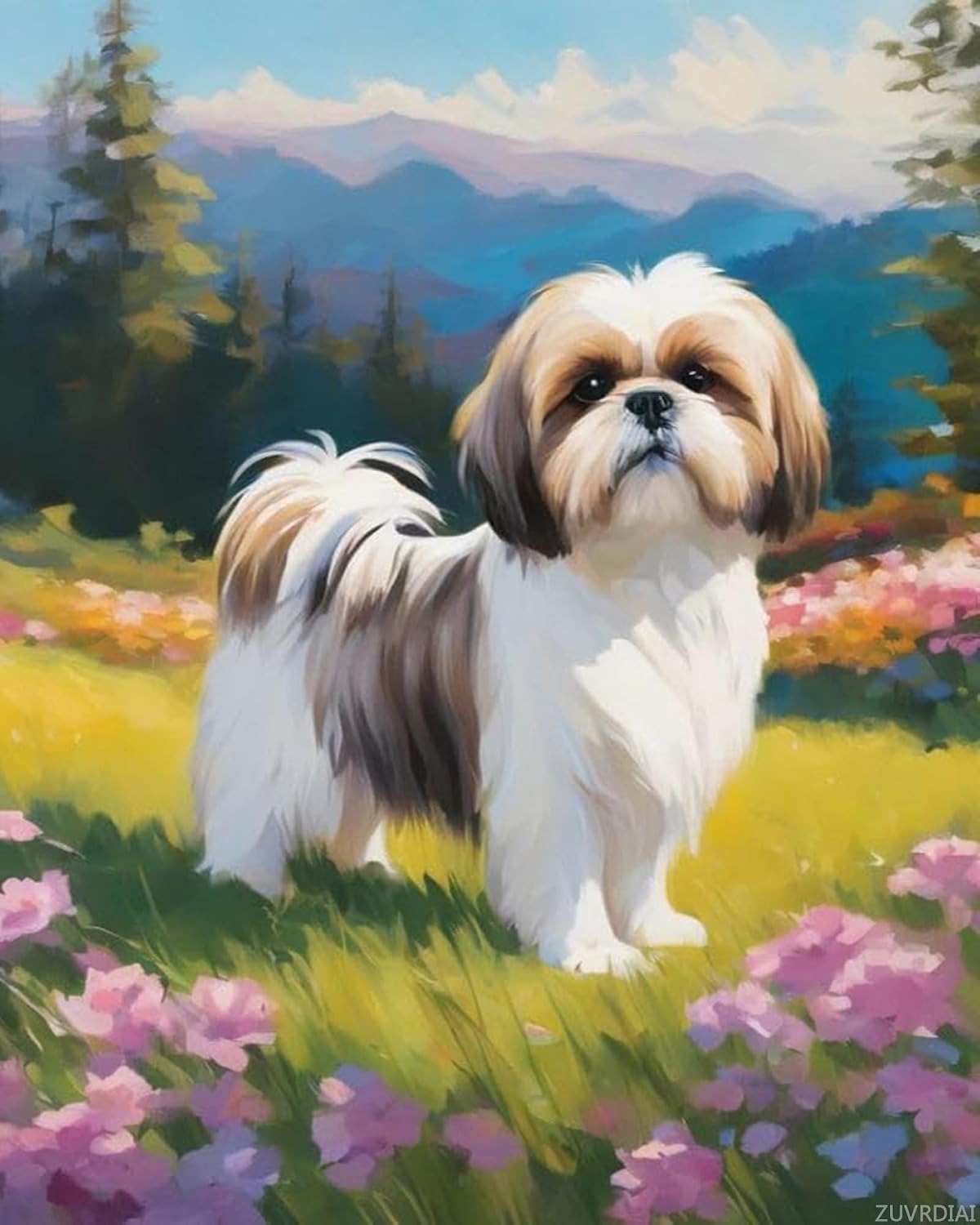 ZUVRDIAI Adults' Paint by Number Kits, Shih Tzu Dog, Flower Meadow, Paint by Number Kits on Canvas, DIY Oil Paintings for Beginners Arts and Crafts, 40x50cm No Frame