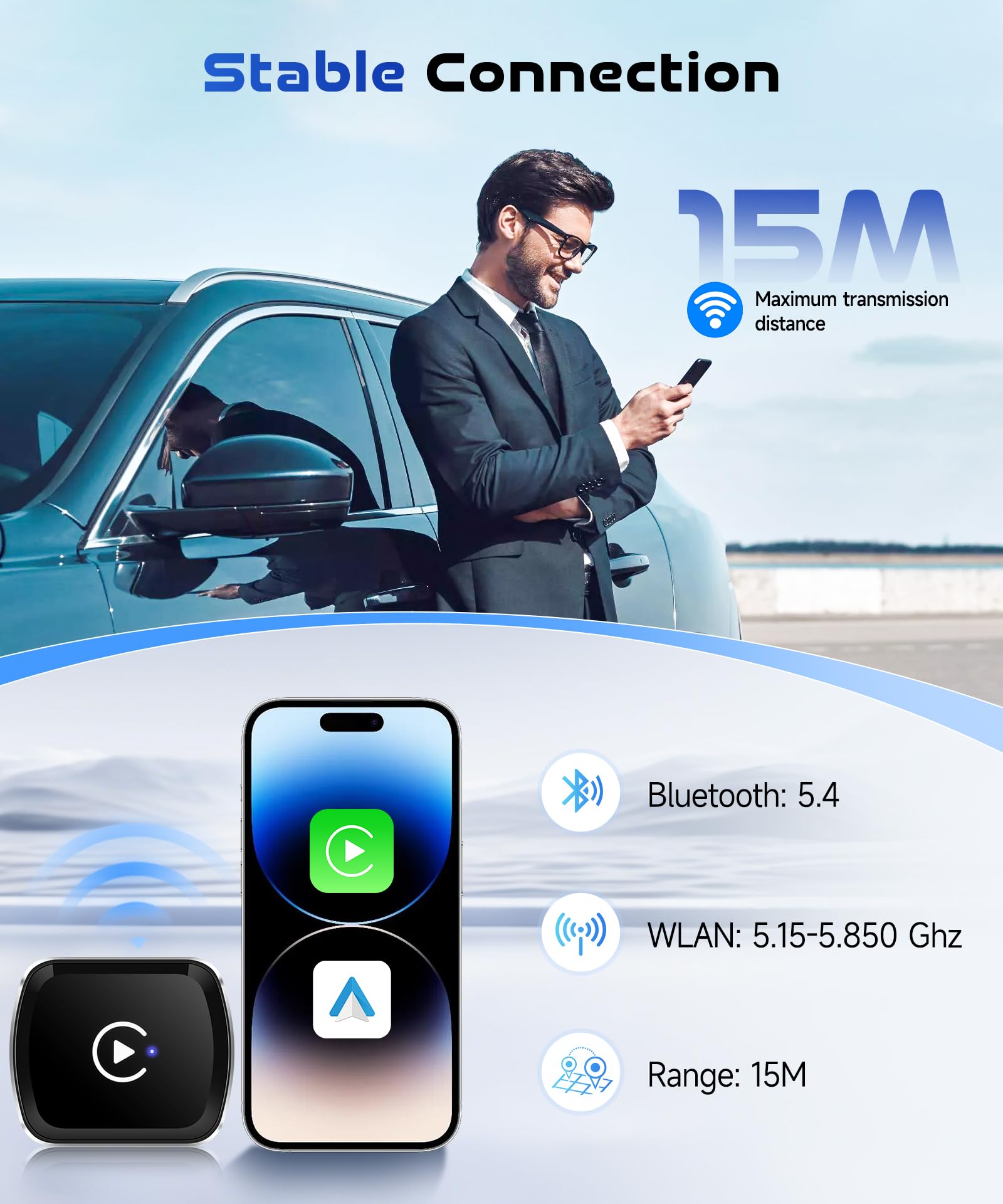 2 IN 1 Senza Fili Carplay e Senza Fili Android Au-to Adattatore, Stick per Convertire Android Auto/Car Play Cablato in Wireless per auto con CarPlay Cablato, Wireless Car Play Adattatore USB/Tipo-C