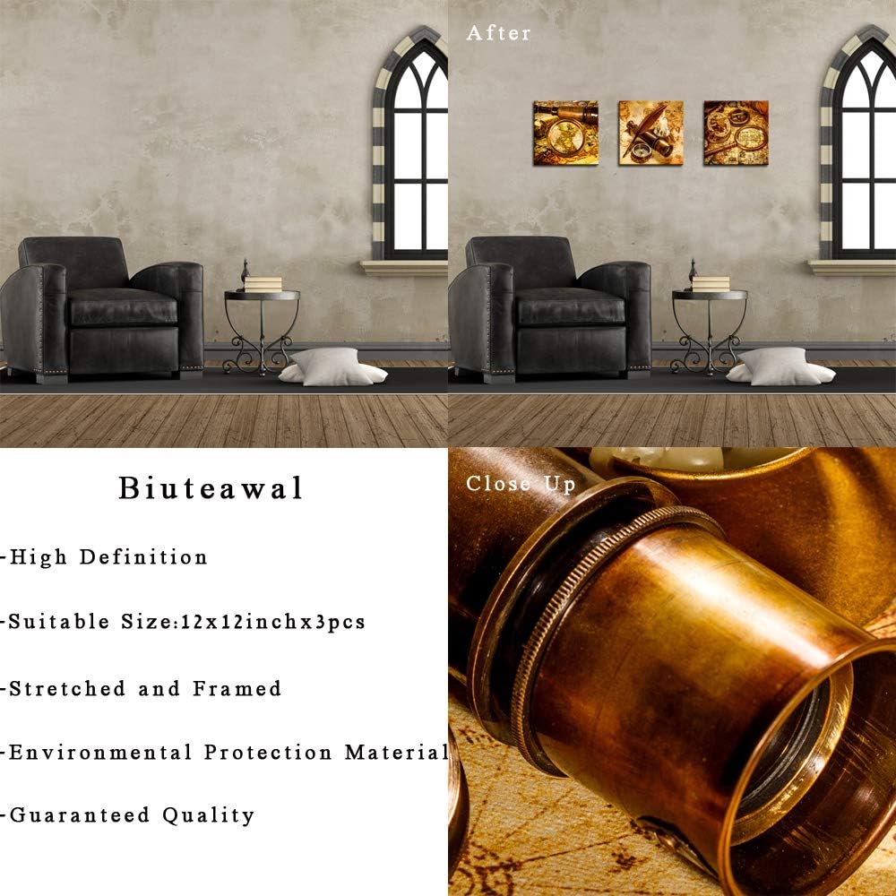 Biuteawal - Vintage Canvas Wall Art Retro Old Map Telescope Compass Candle Picture Prints Exploration Themed Painting Artwork for Home Study Room Office Decoration Framed Ready to Hang